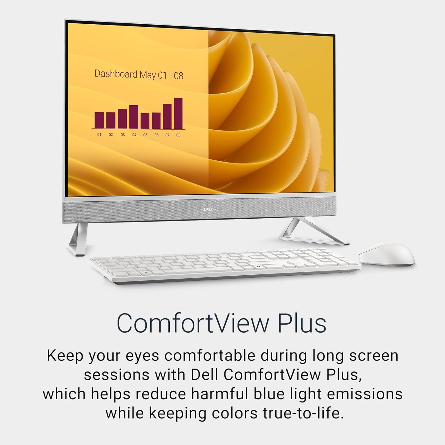 Communicates the eye comfort benefit of Dell's ComfortView Plus technology, which reduces harmful blue light emissions during extended screen use while maintaining color accuracy.