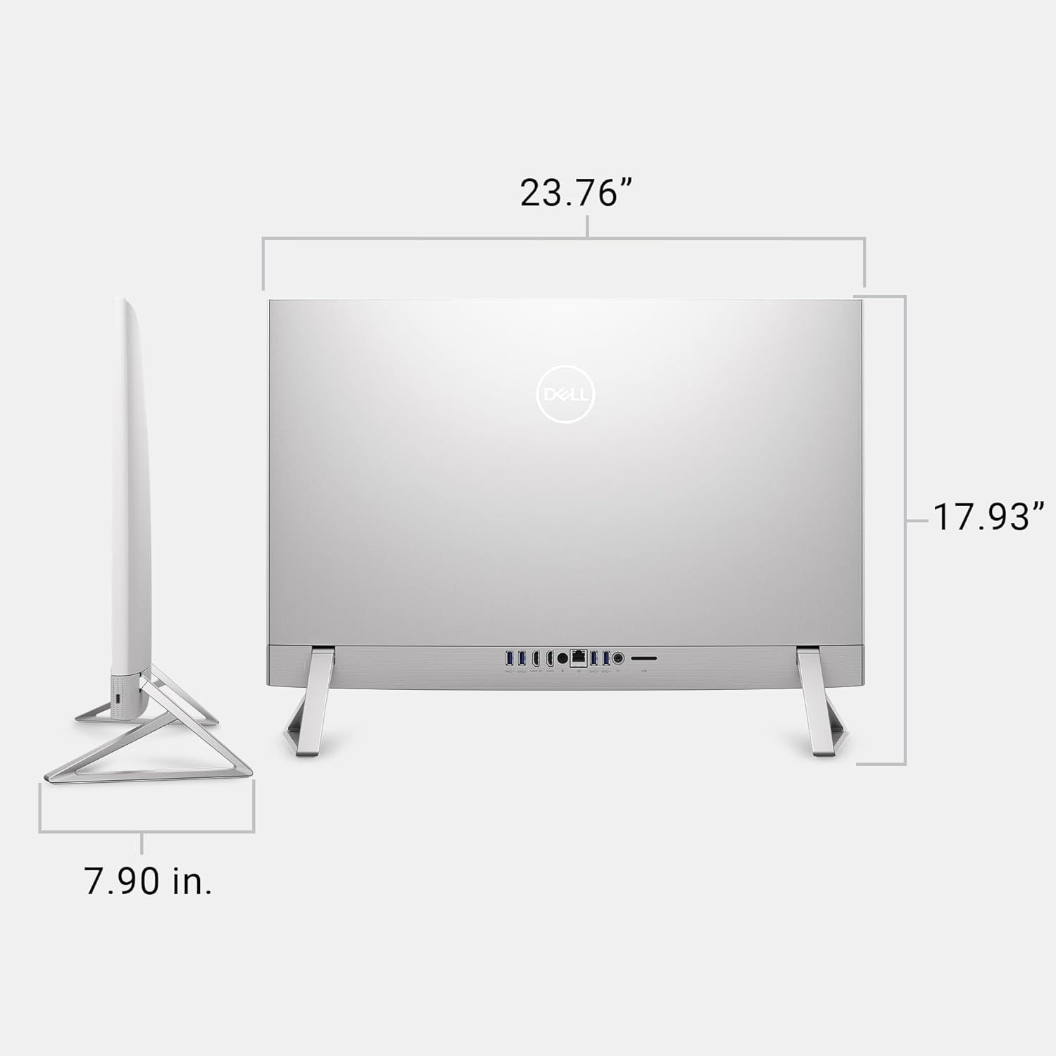 Communicates the exact physical dimensions of the Dell all-in-one computer to help shoppers understand its size and determine if it fits their space requirements.
