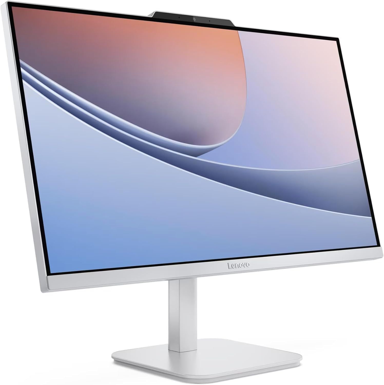 Provides a clear, professional catalog-style view of the Lenovo monitor with integrated webcam, allowing shoppers to see the product's design, thin bezels, and overall appearance without distractions.