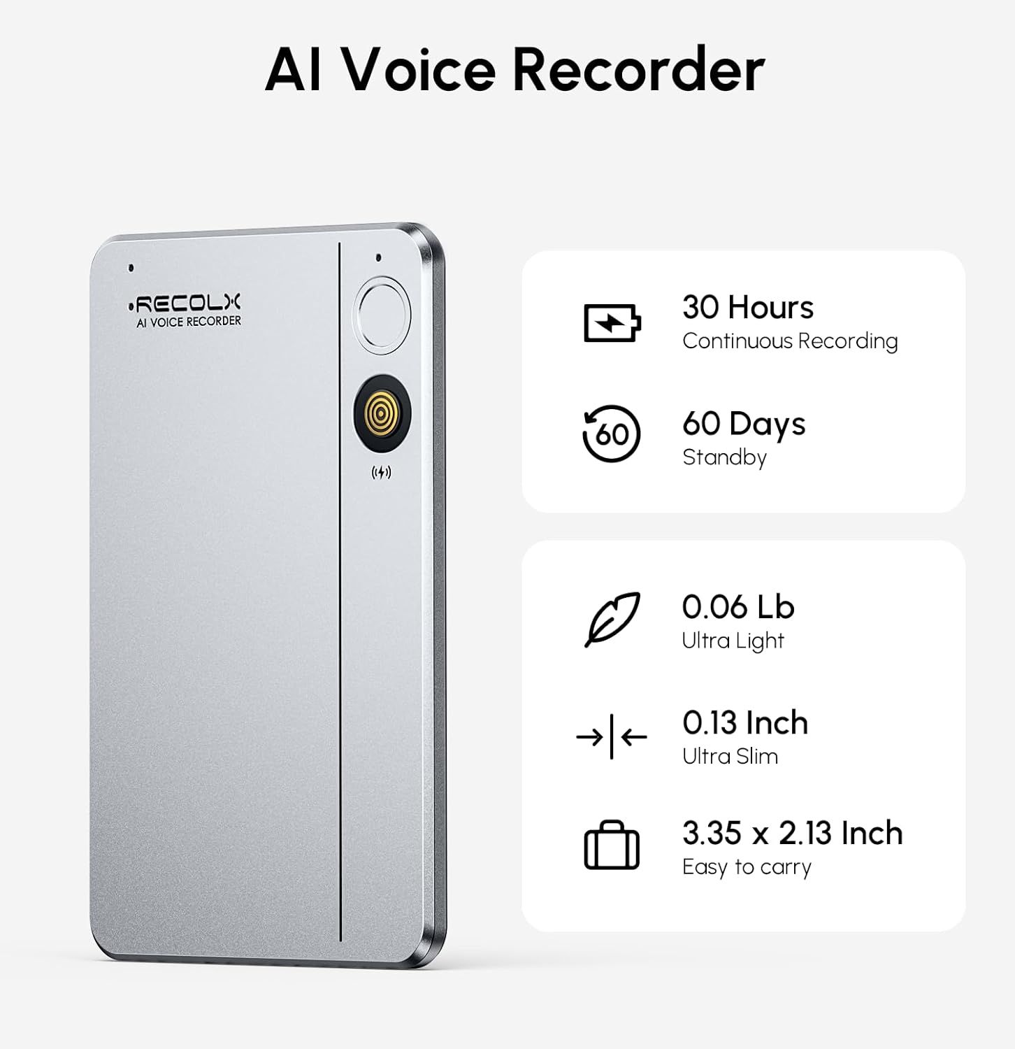 Communicates multiple key benefits of the AI voice recorder including long battery life, extended standby time, lightweight portability, and compact…