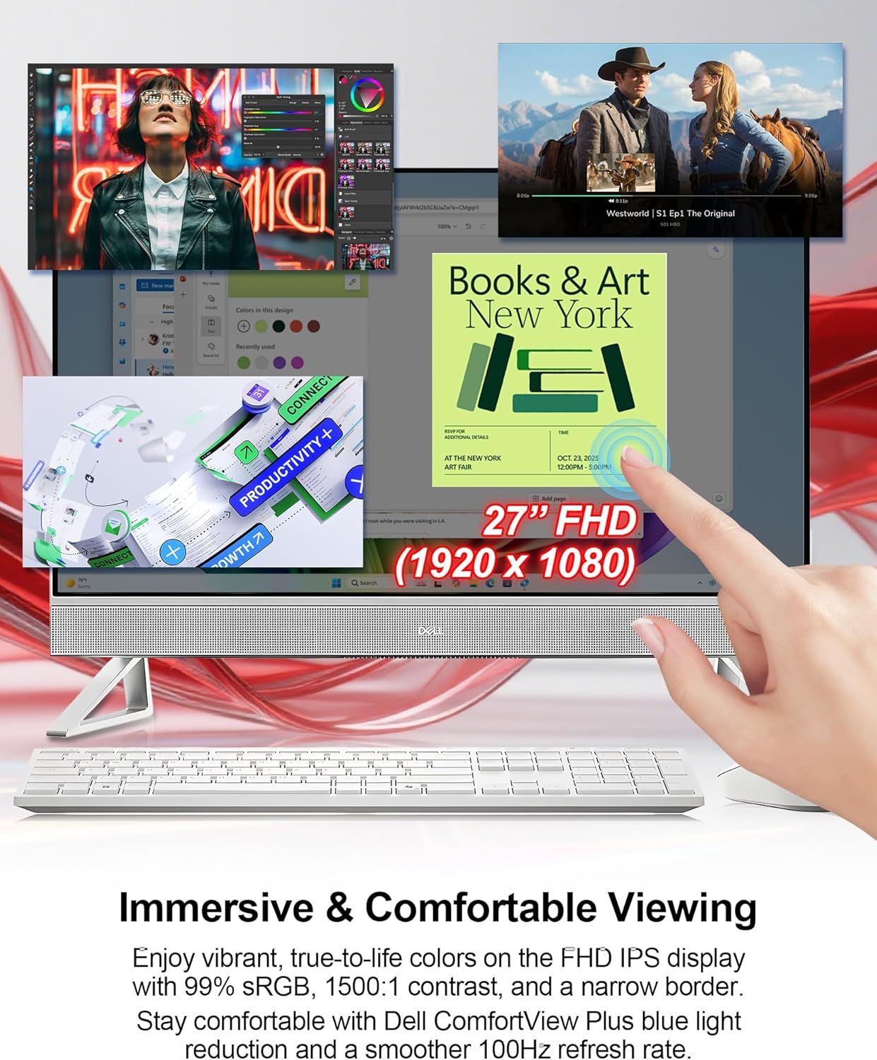 Communicates multiple display quality and comfort benefits to reassure shoppers that this monitor delivers immersive viewing with vibrant colors, eye comfort, and smooth performance.