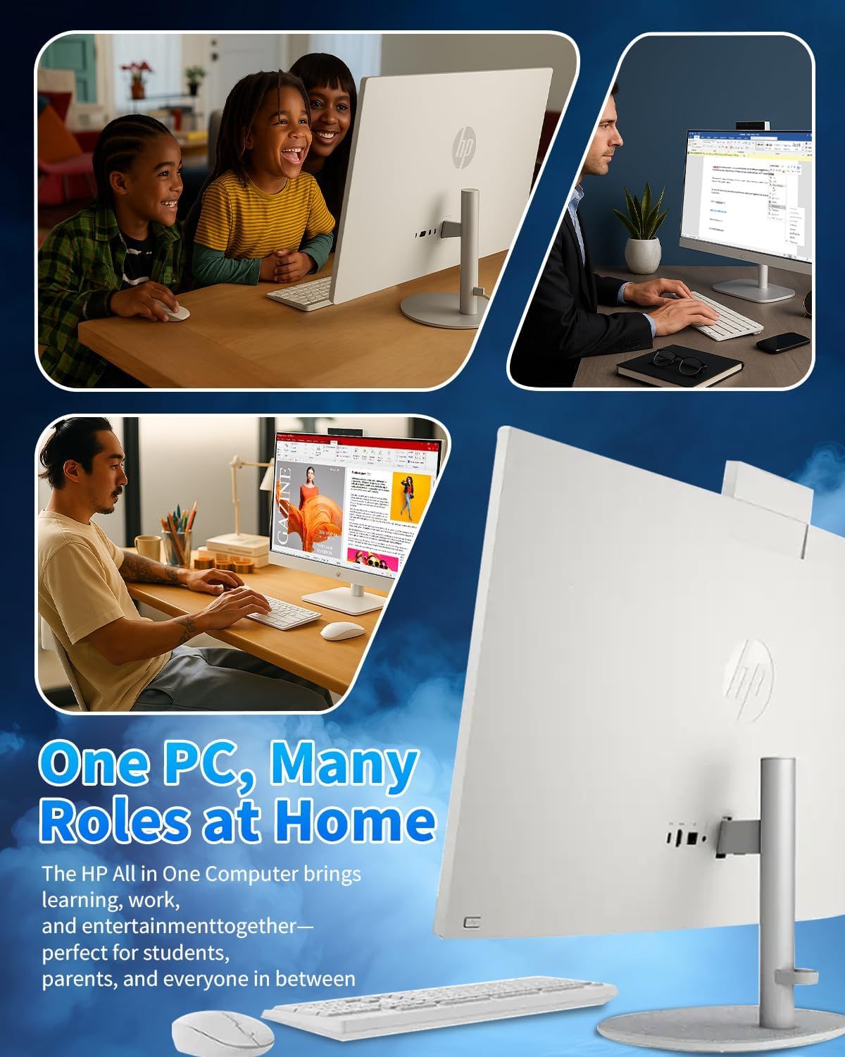 Demonstrates the versatility of the HP All-in-One PC by showing it being used in multiple real-world scenarios—family learning, professional work, and creative tasks—to communicate that one product…