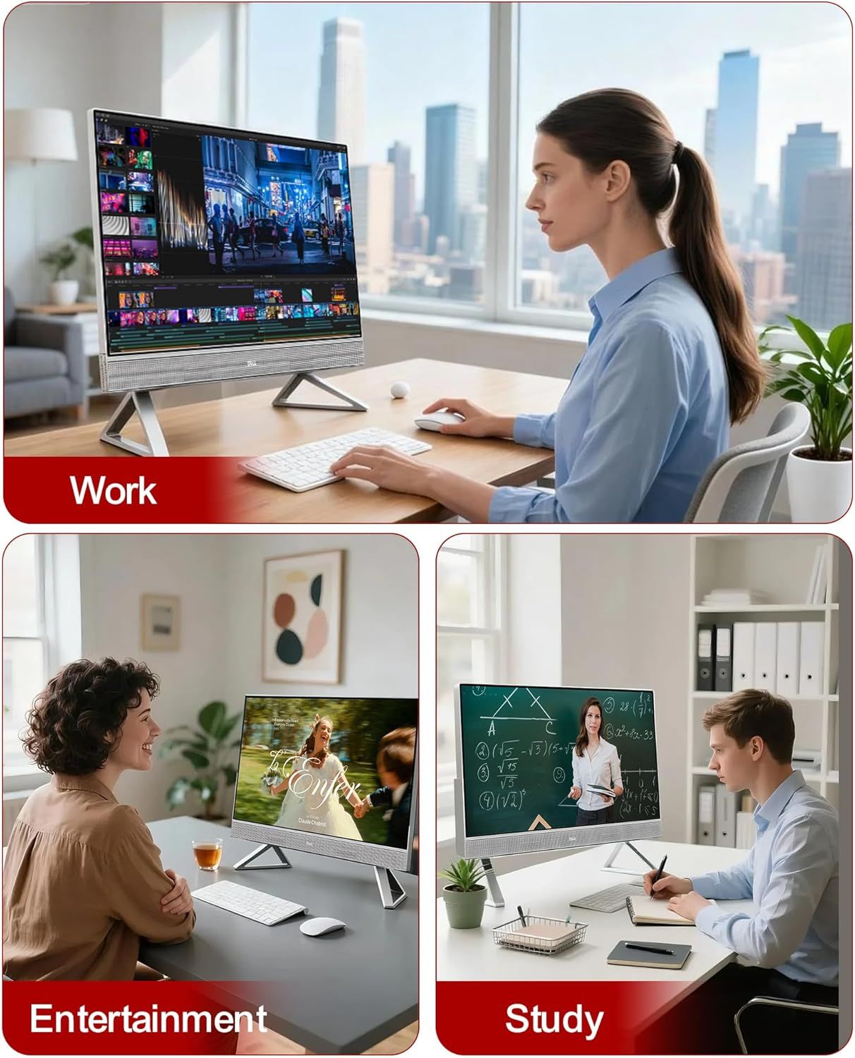 Demonstrates the versatility of the monitor by showing it can be used effectively across three different scenarios: professional video editing work, entertainment streaming, and educational study…