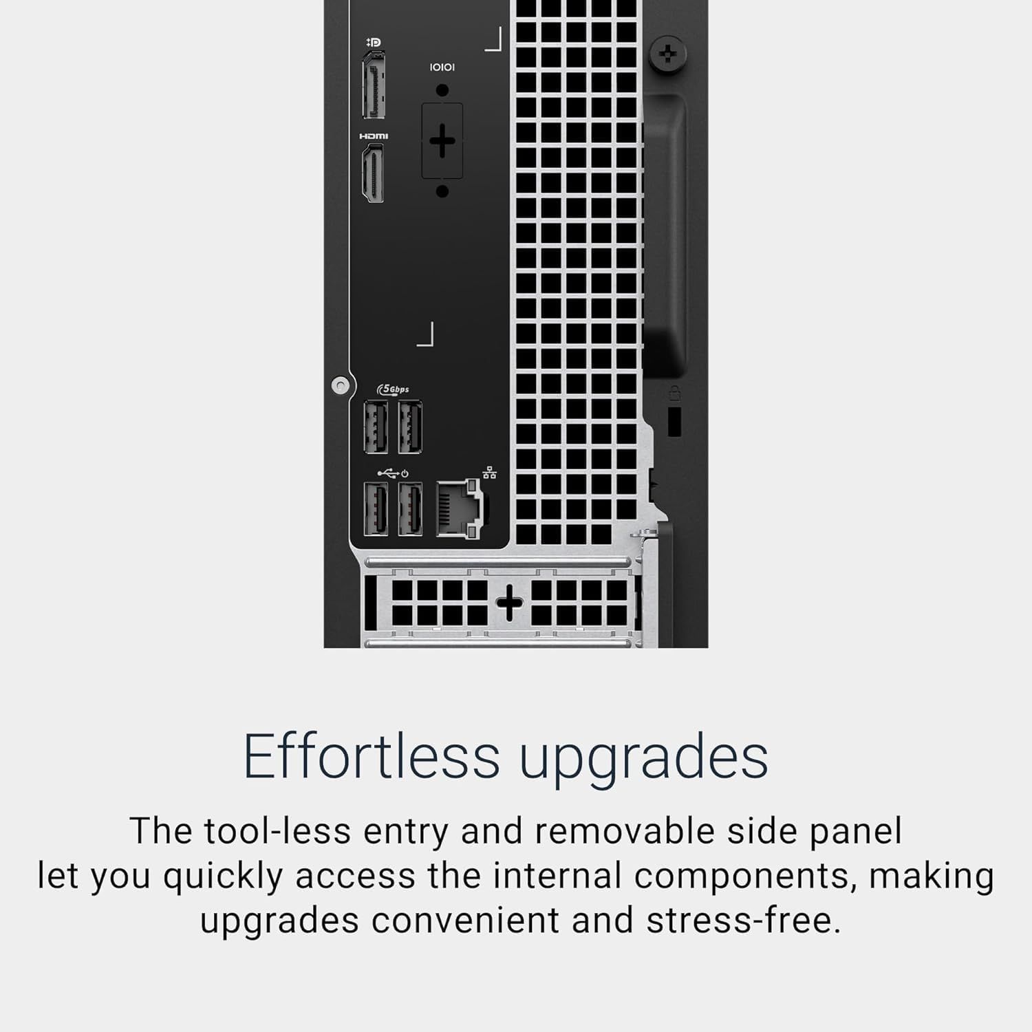 Communicates the ease of upgrading internal components through tool-less entry and a removable side panel, reassuring shoppers that maintenance and upgrades are convenient and stress-free.