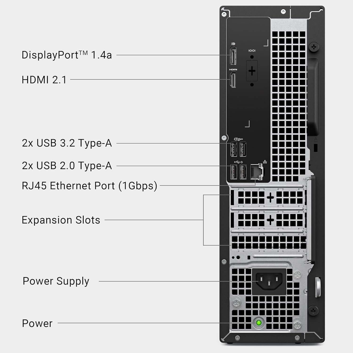 This image breaks down the physical components and ports on the back panel of the computer, helping shoppers understand the connectivity options and hardware…