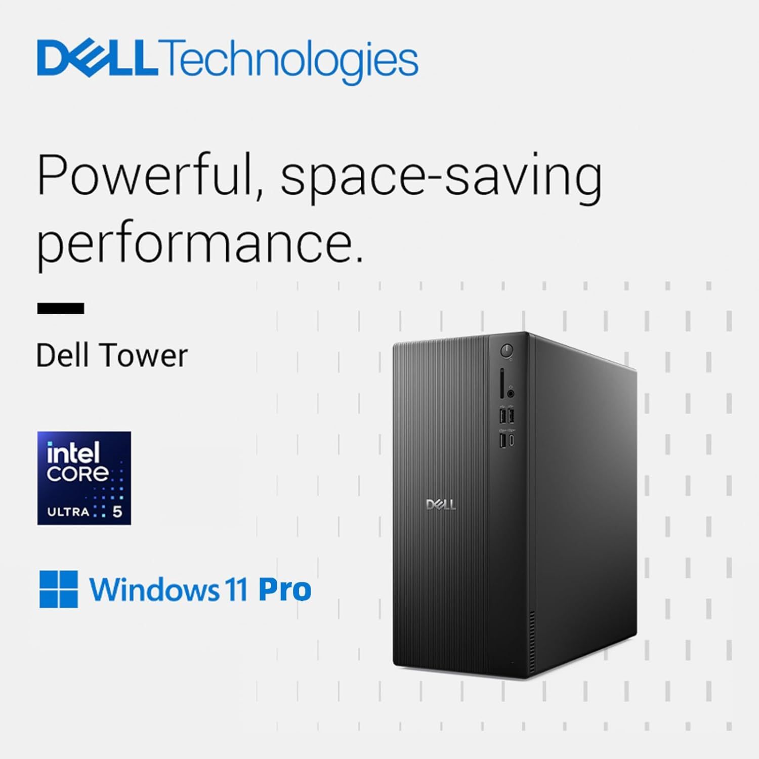 Communicates multiple key selling points of the Dell Tower computer including its powerful performance, compact space-saving design, Intel processor, and Windows 11 Pro operating system to appeal to…