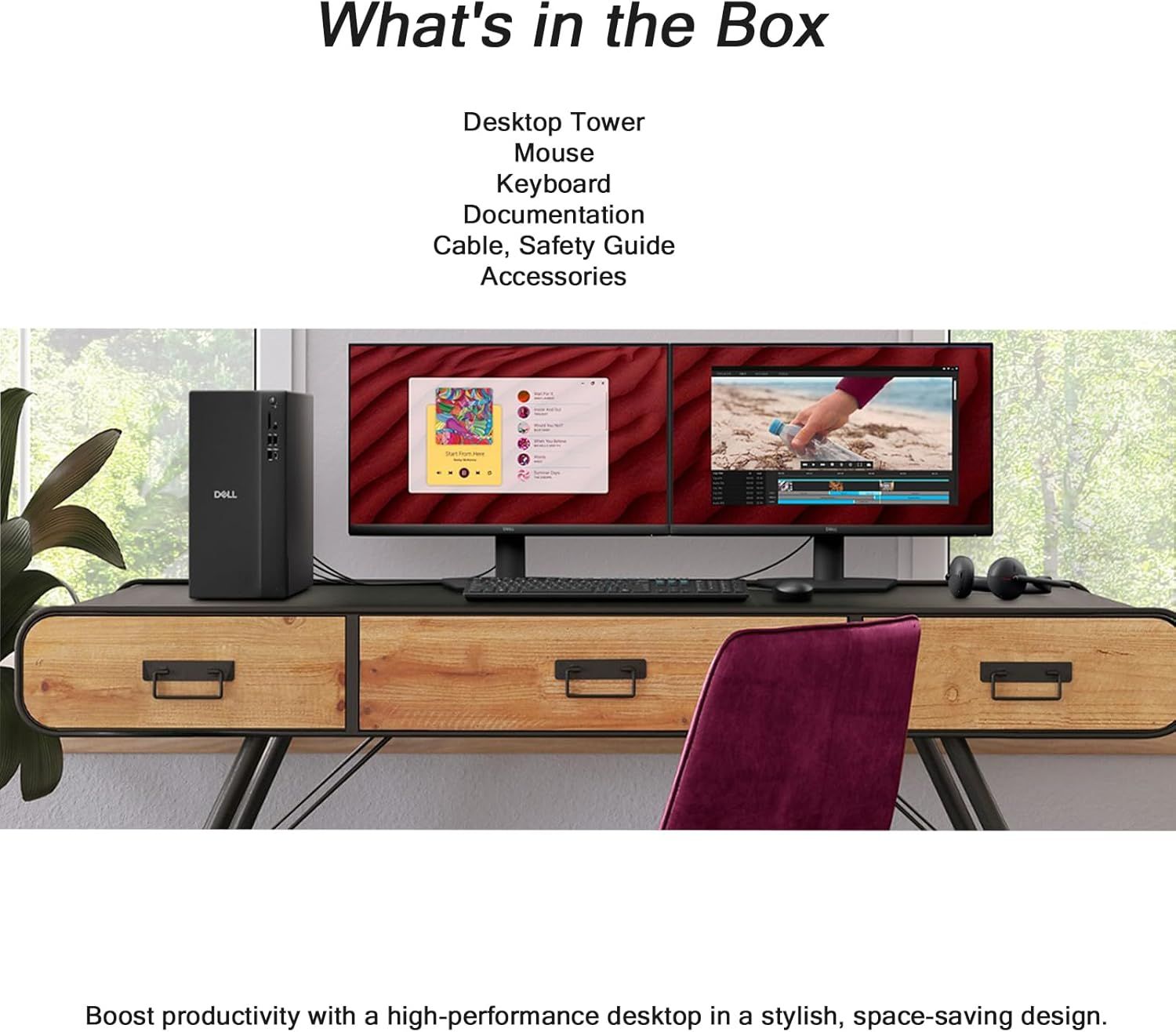 Shows the customer everything included in the purchase: desktop tower, mouse, keyboard, documentation, cables, safety guide, and accessories, providing clarity on the complete package. Communicates…