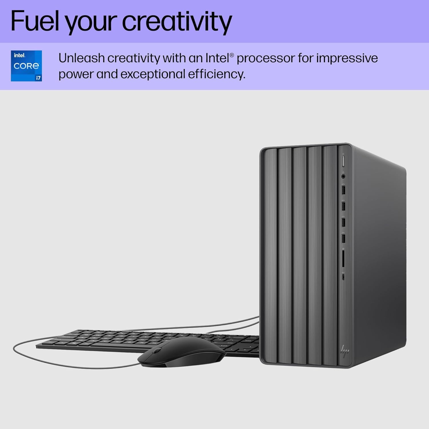 Highlights the Intel Core i7 processor's power and efficiency to position the desktop computer as ideal for creative work and demanding tasks.