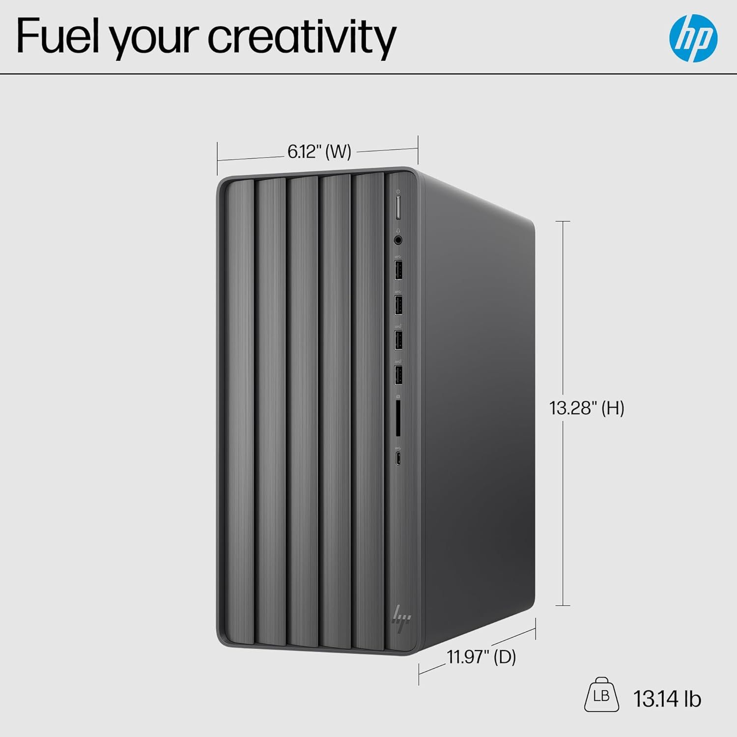 Communicates the exact physical size and weight of the desktop computer to help shoppers understand how much space it will occupy and whether it fits their…