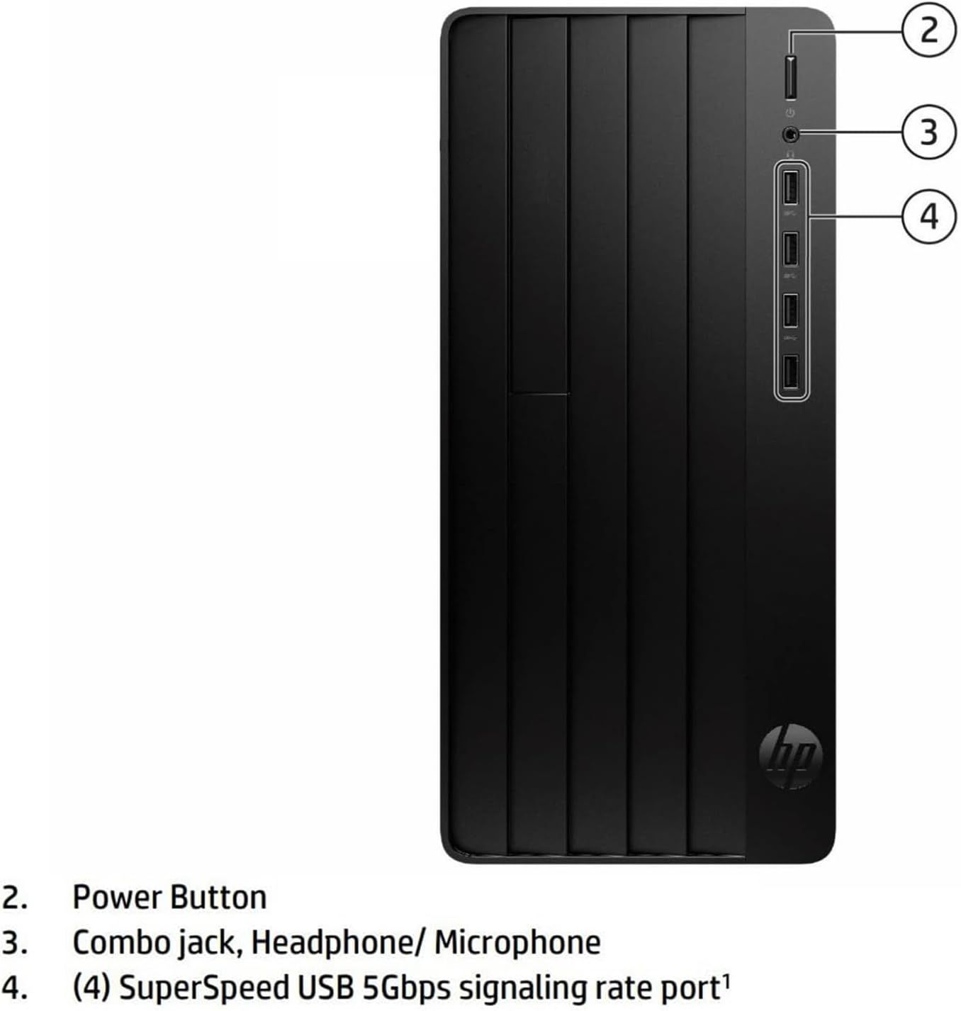This image breaks down the physical components and ports on the HP desktop computer to help shoppers understand the location and function of key hardware…