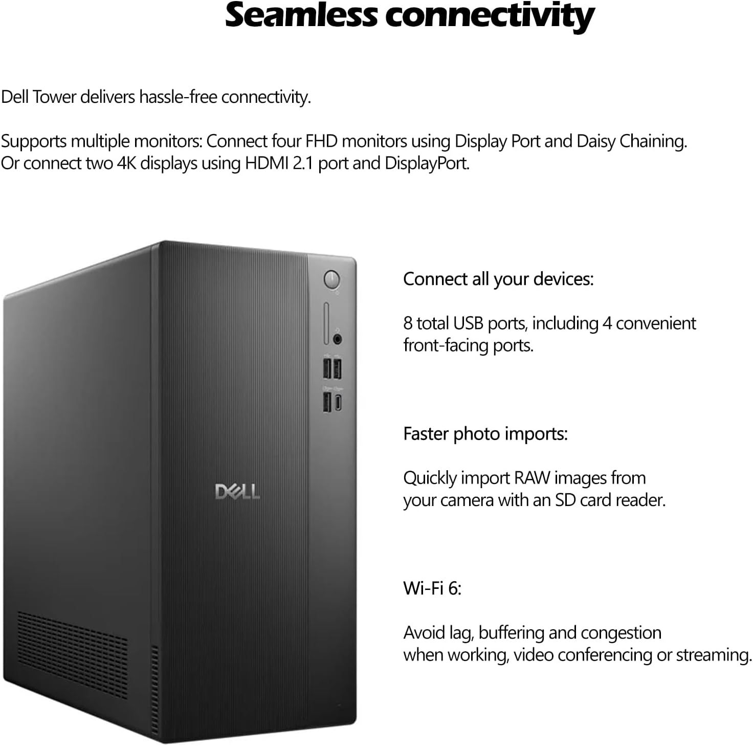 Communicates multiple connectivity and performance benefits of the Dell Tower, including multi-monitor support, USB ports, fast photo imports, and Wi-Fi 6…
