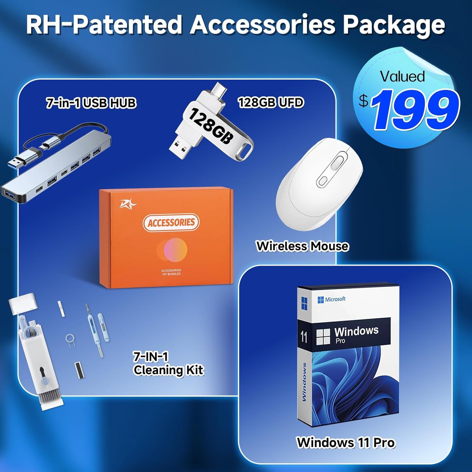 Shows all items included in the RH-Patented Accessories Package to communicate the complete bundle value and reassure shoppers of everything they will receive…