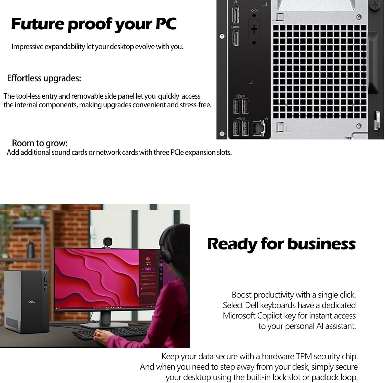 This image communicates multiple distinct benefits of the desktop PC including future-proof expandability, easy internal access, business productivity…
