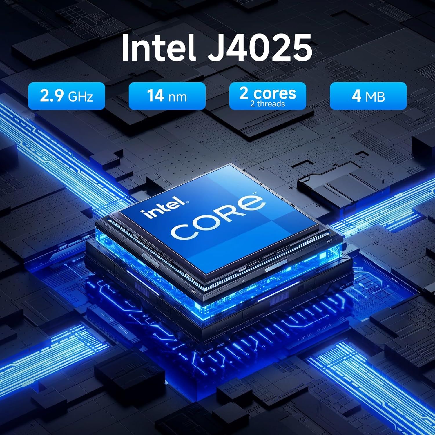 Communicates the key technical specifications of the Intel J4025 processor to inform shoppers about its performance capabilities and help them understand what…