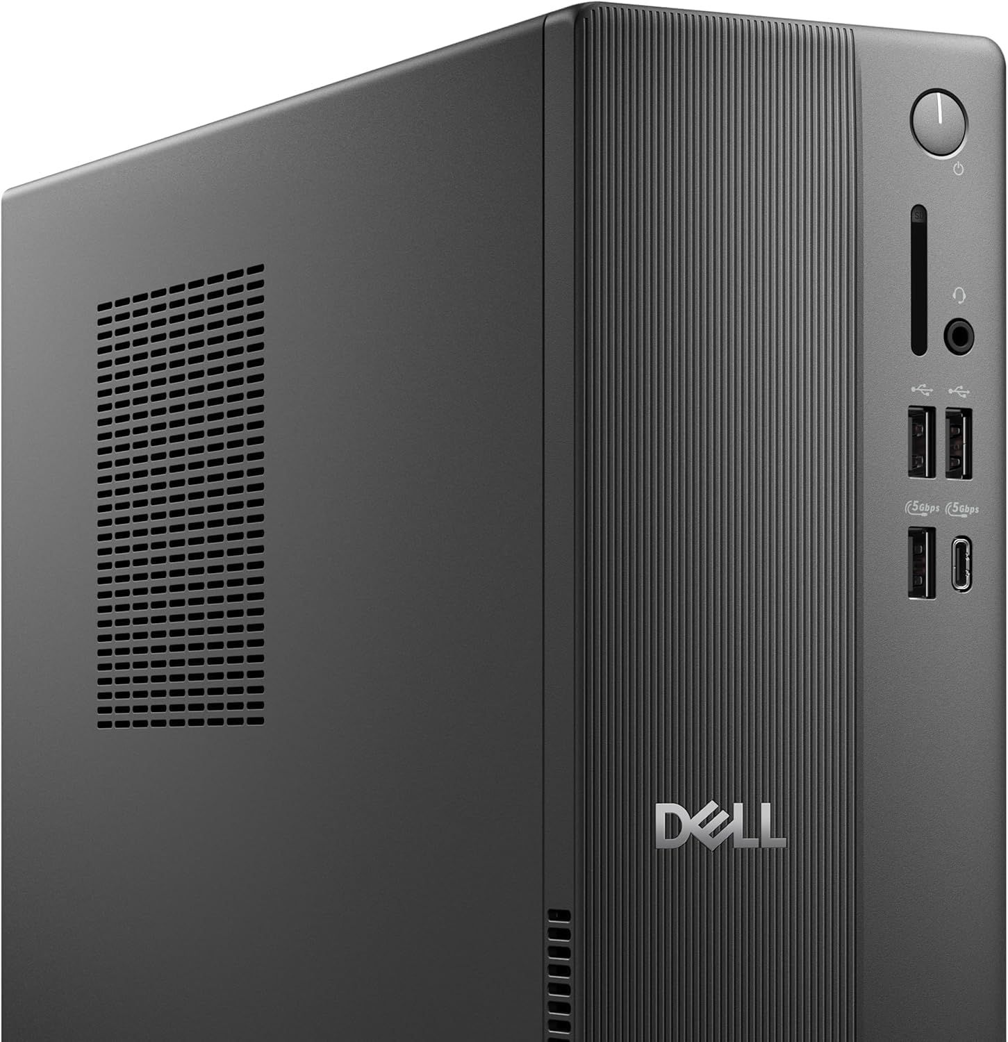Provides a clean, catalog-style view of the Dell desktop computer tower showing its physical design, ports, and branding without any distractions.