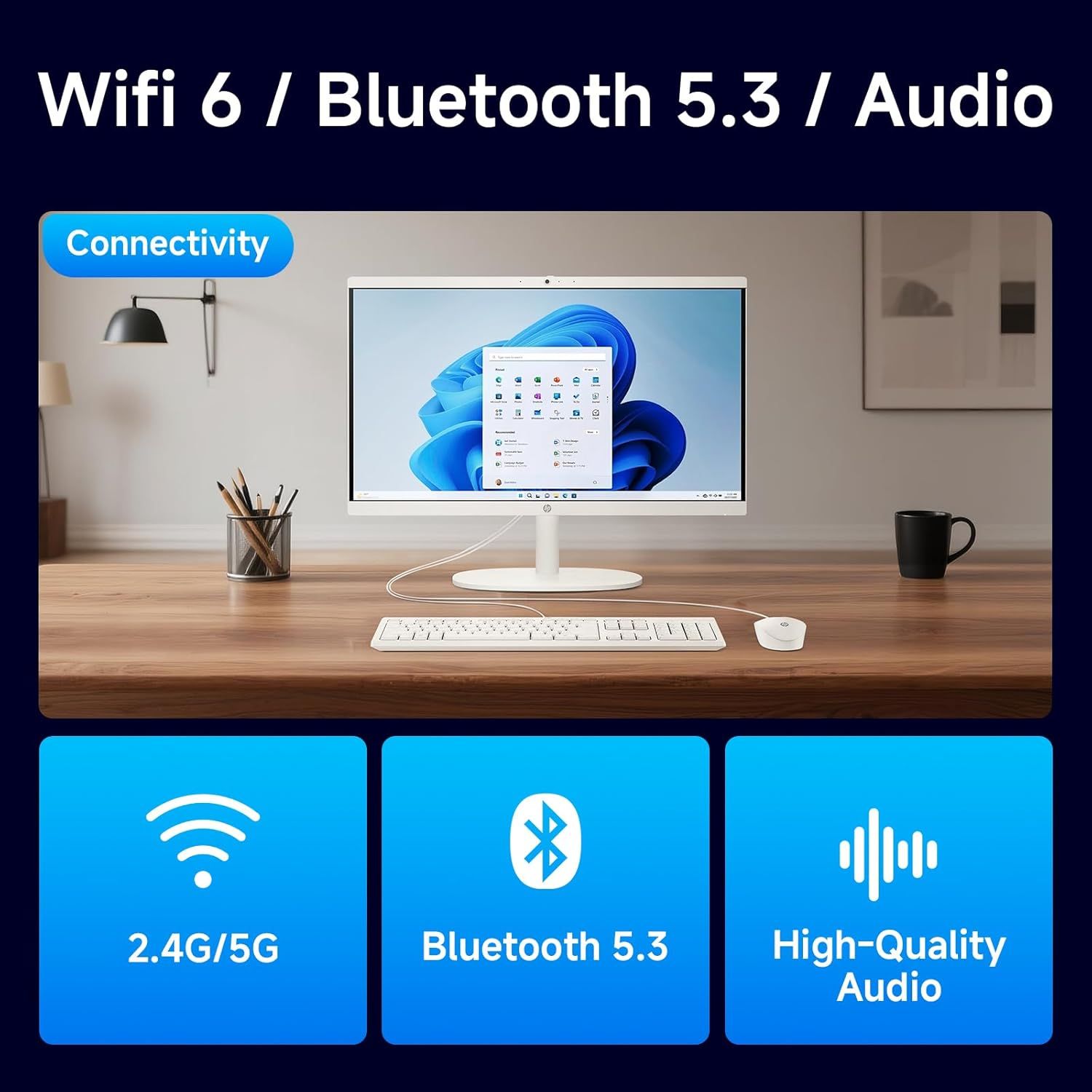 Highlights the computer's advanced connectivity options (WiFi 6, Bluetooth 5.3) and audio capabilities to reassure shoppers of modern, fast, and versatile…