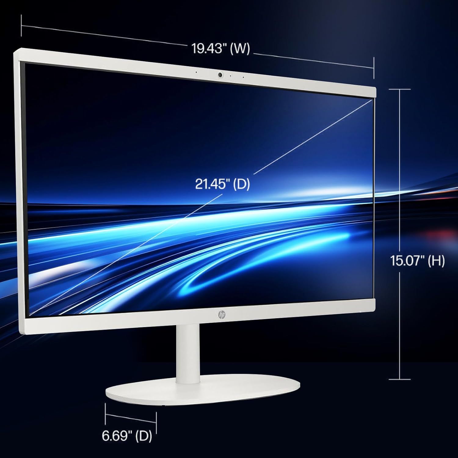 Communicates the exact physical dimensions of the monitor (width, height, diagonal screen size, and base depth) to help shoppers understand the product's size…