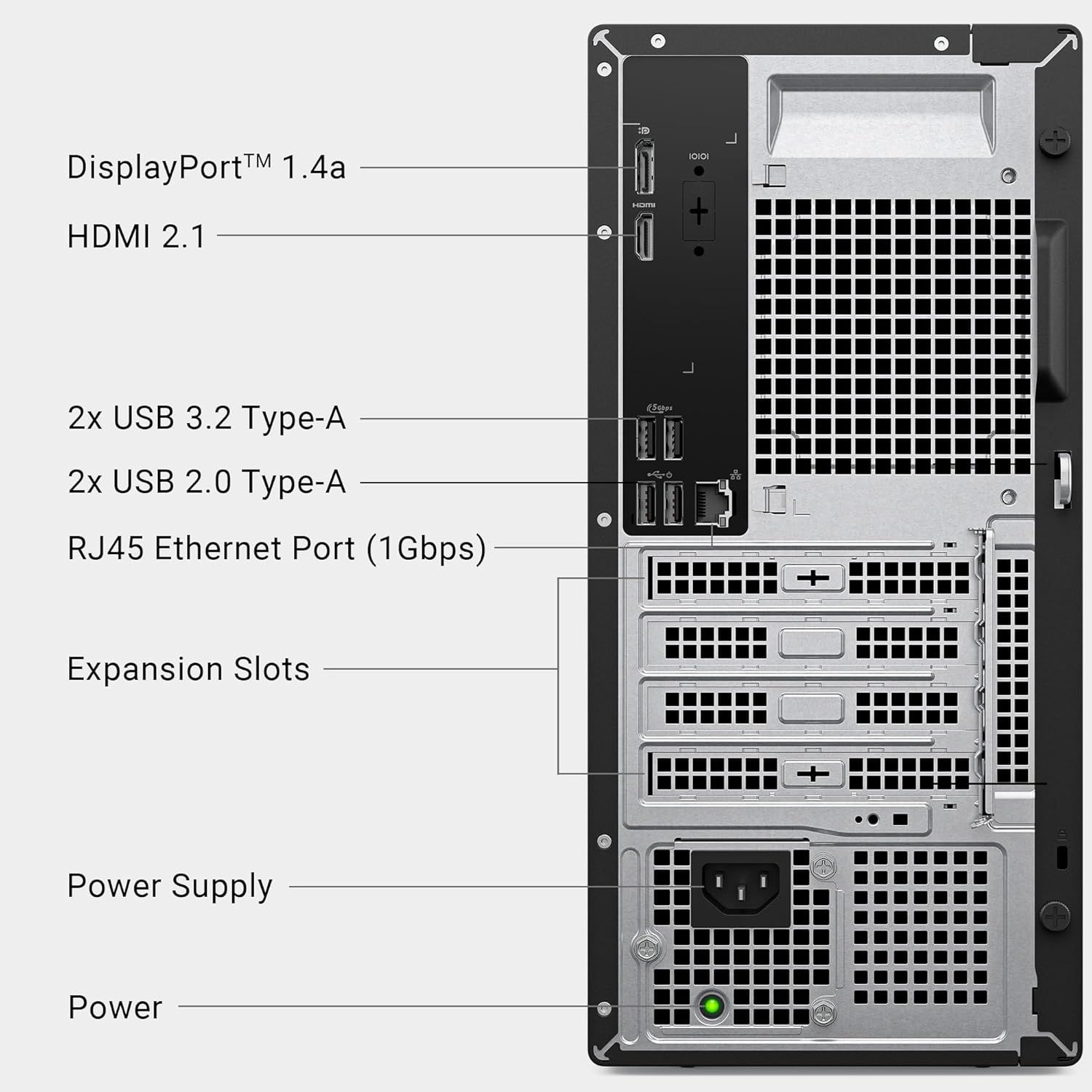 This image breaks down the physical components and ports of the computer tower, helping shoppers understand the connectivity options and hardware layout…