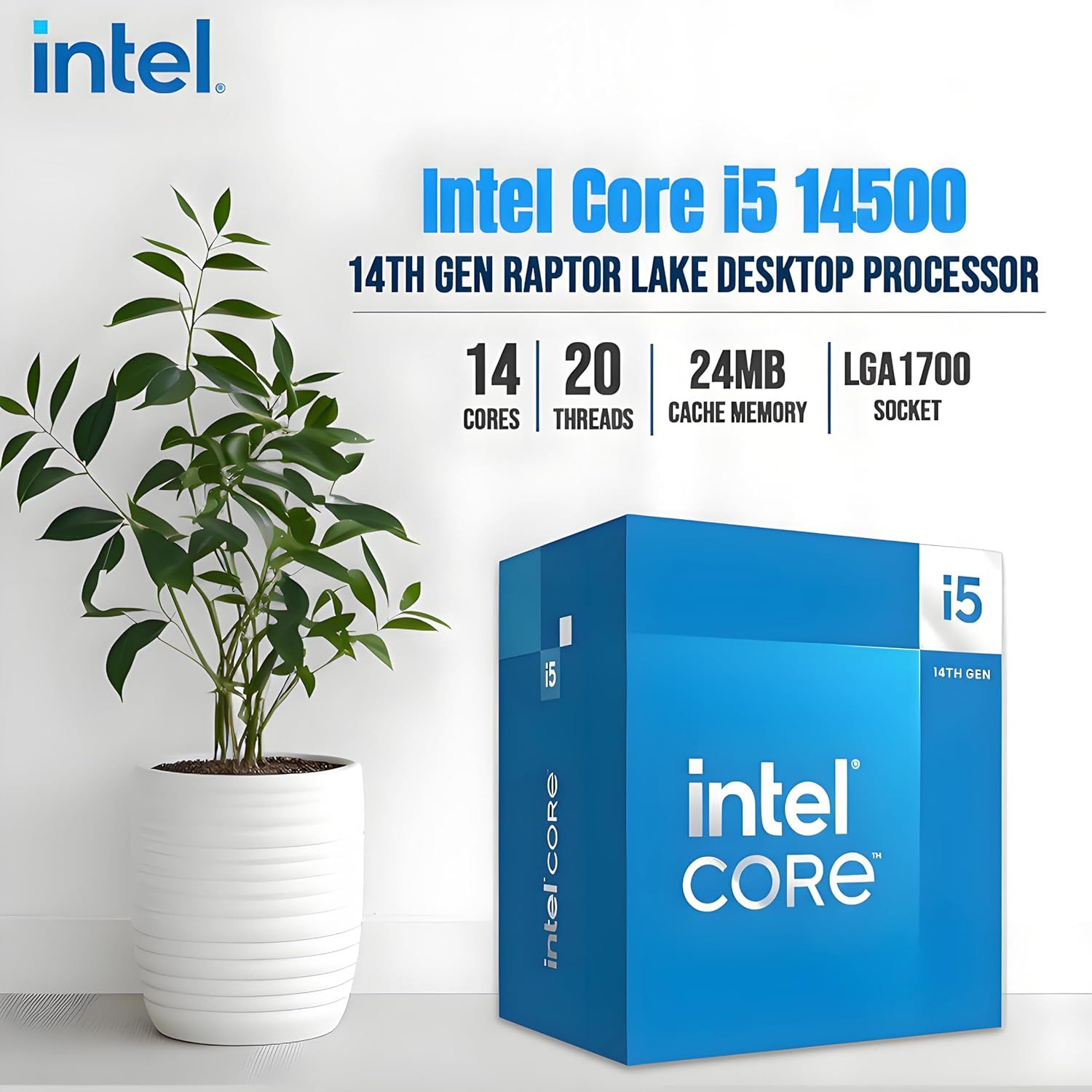Communicates the key technical specifications of the Intel Core i5 14500 processor in a segmented layout to help shoppers understand its performance…