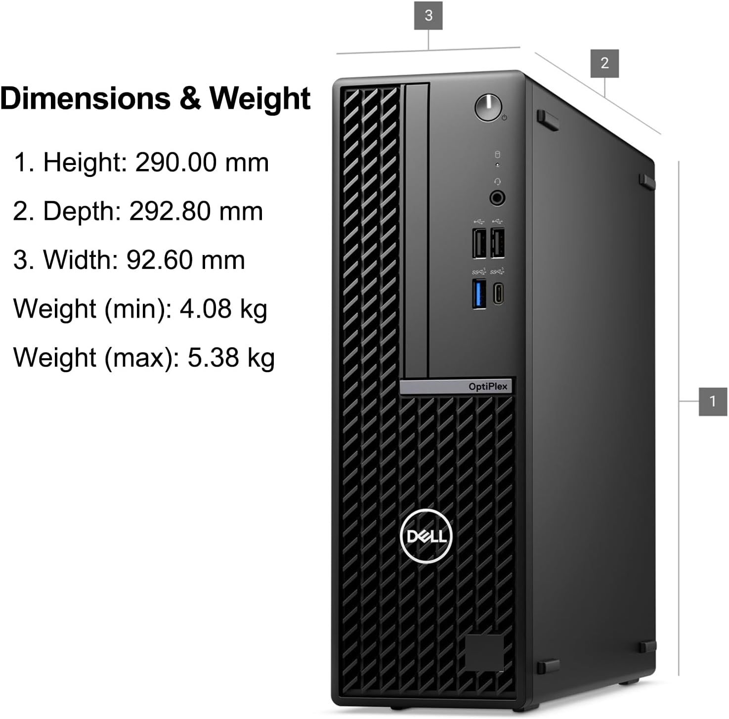 Communicates the exact physical size and weight of the computer tower to help shoppers understand if it will fit their workspace and meet their portability…