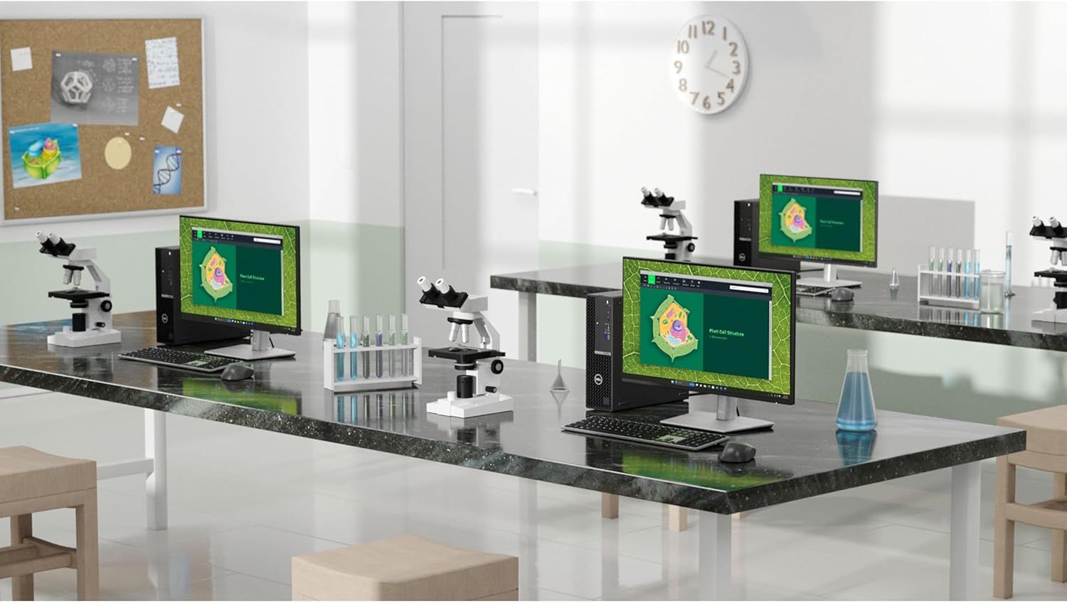 Demonstrates the product's suitability for educational and professional laboratory environments by showing multiple workstations equipped with the monitors,…
