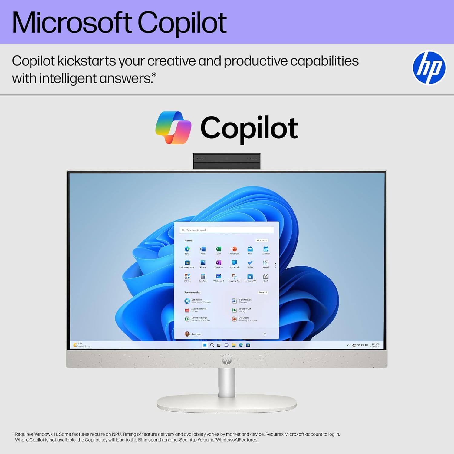 Highlights the inclusion of Microsoft Copilot software on this HP computer, emphasizing its ability to enhance creative and productive capabilities with intelligent AI-powered answers.