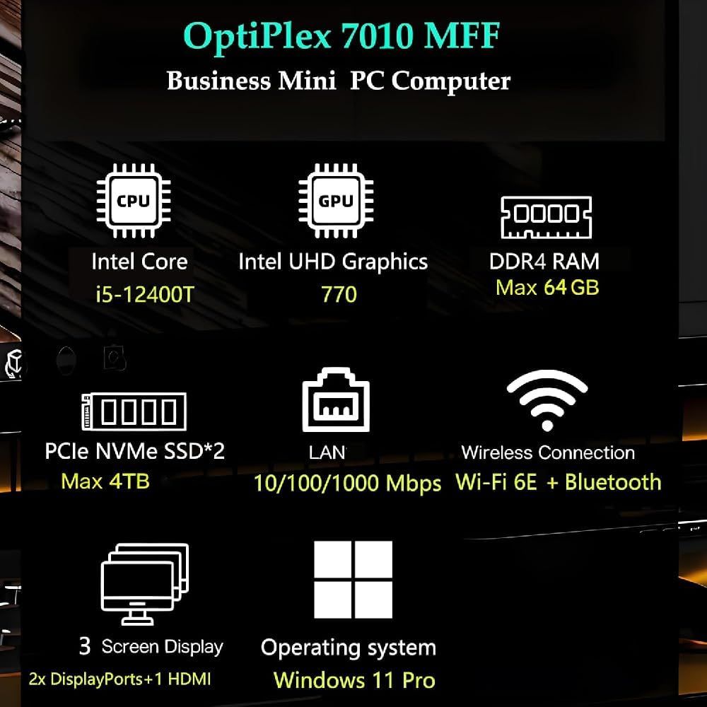 Communicates the comprehensive technical specifications of the OptiPlex 7010 MFF Business Mini PC to help shoppers understand the full range of hardware…