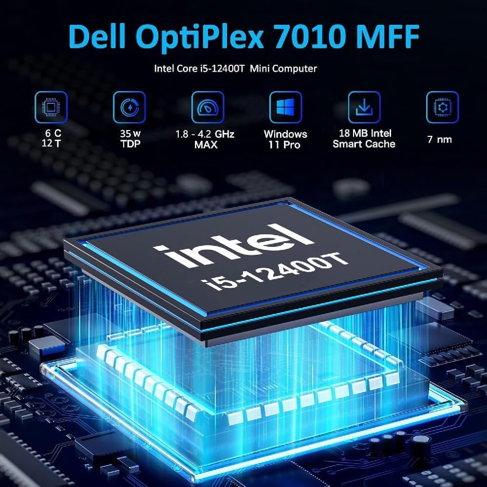 Communicates the technical specifications and performance capabilities of the Dell OptiPlex 7010 MFF's Intel Core i5-12400T processor across multiple distinct…