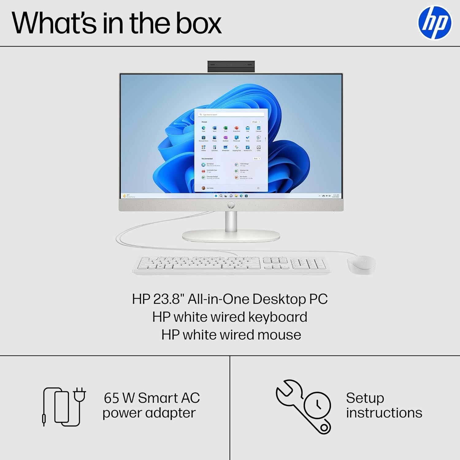 Shows the customer everything included in the box: the all-in-one desktop PC, keyboard, mouse, power adapter, and setup instructions to set clear expectations about the complete package.