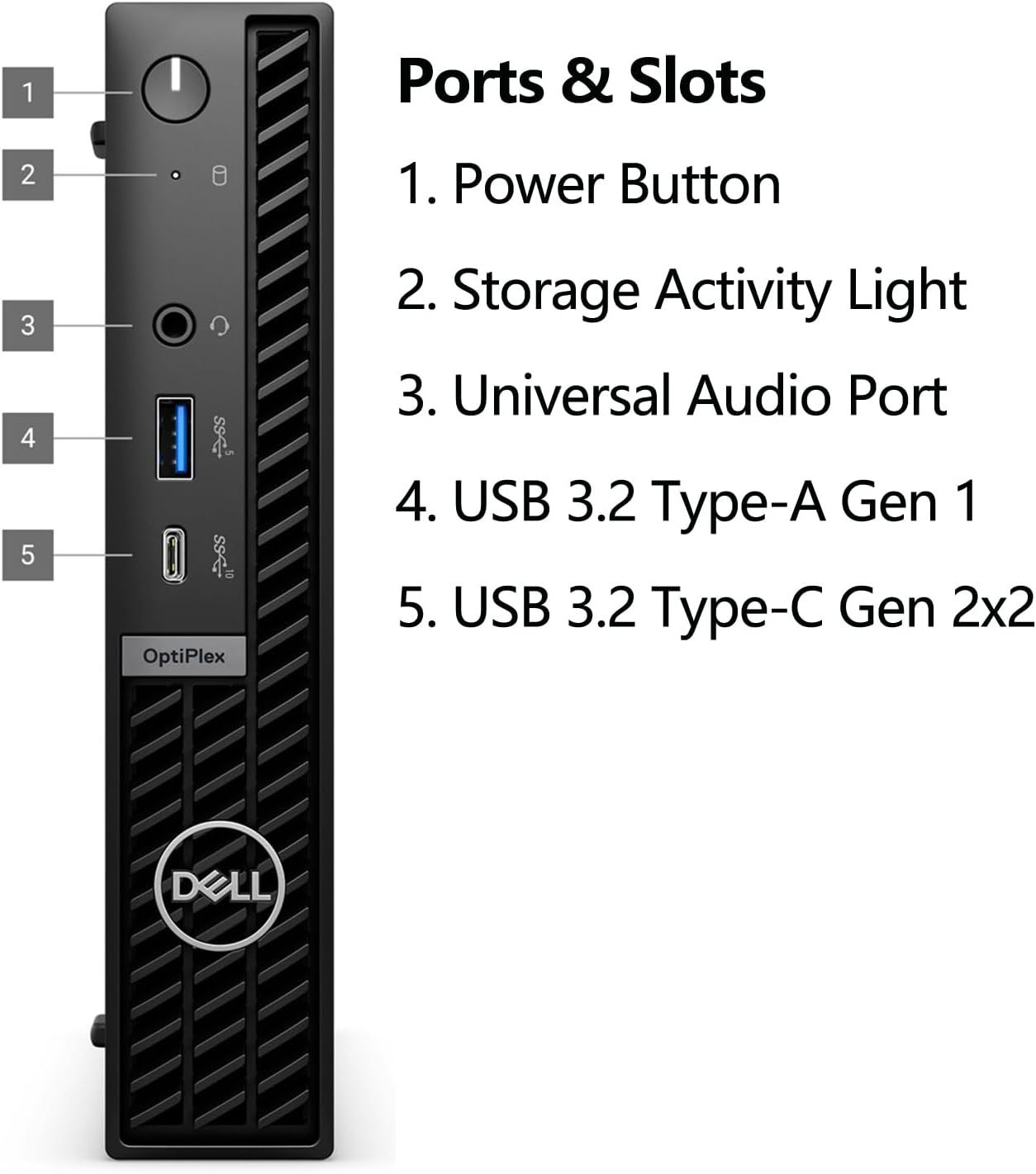 This image breaks down the physical components and ports on the Dell OptiPlex device, helping shoppers understand the location and function of each connection…