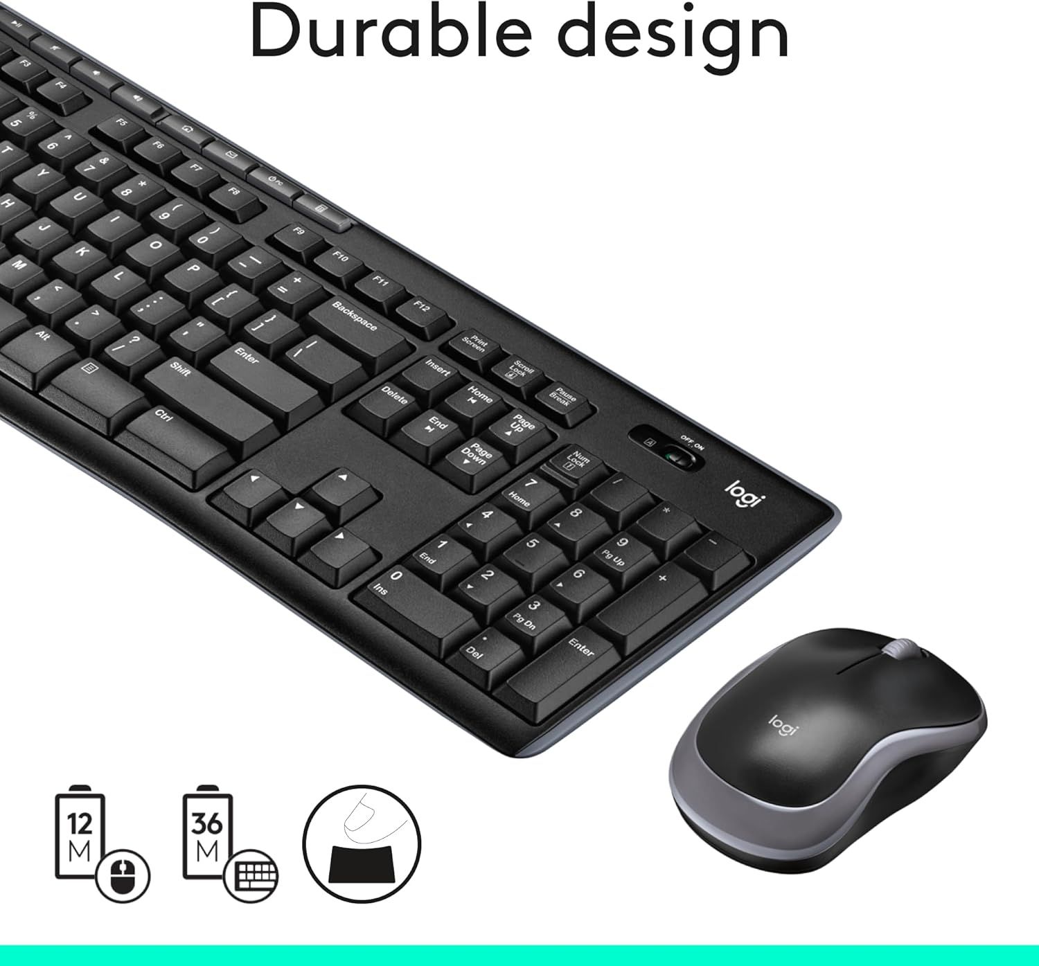 Communicates multiple key benefits of the keyboard and mouse combo: durability, extended battery life for both devices, and easy plug-and-play setup to…