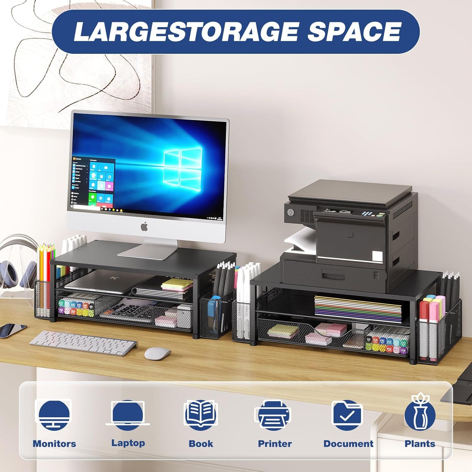Demonstrates the multiple use cases and items the desk organizer can accommodate, including monitors, laptops, books, printers, documents, and plants, to show…