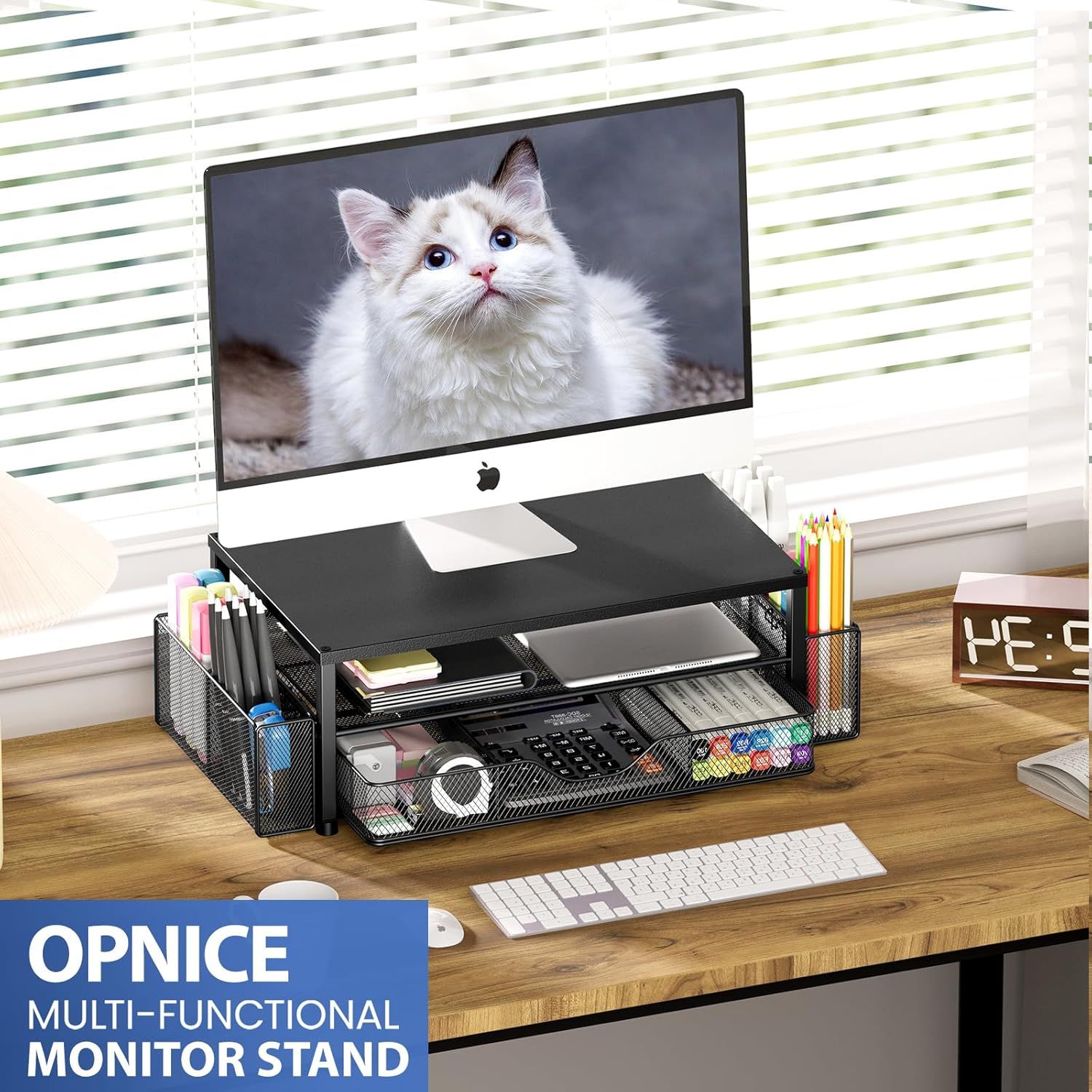 Demonstrates the monitor stand's multiple organizational features including storage compartments, drawers, and side organizers to show shoppers how it can…