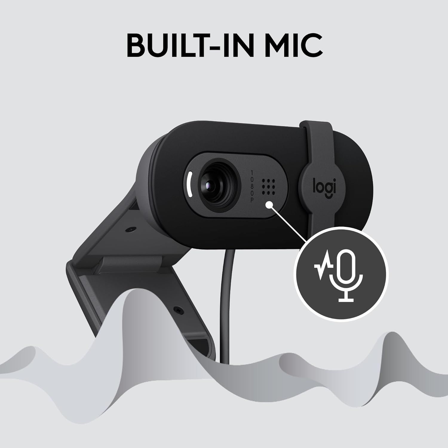 Highlights the built-in microphone feature of the webcam to communicate audio capability and convenience for video calls or streaming. Communicates the convenience and functionality of having an…