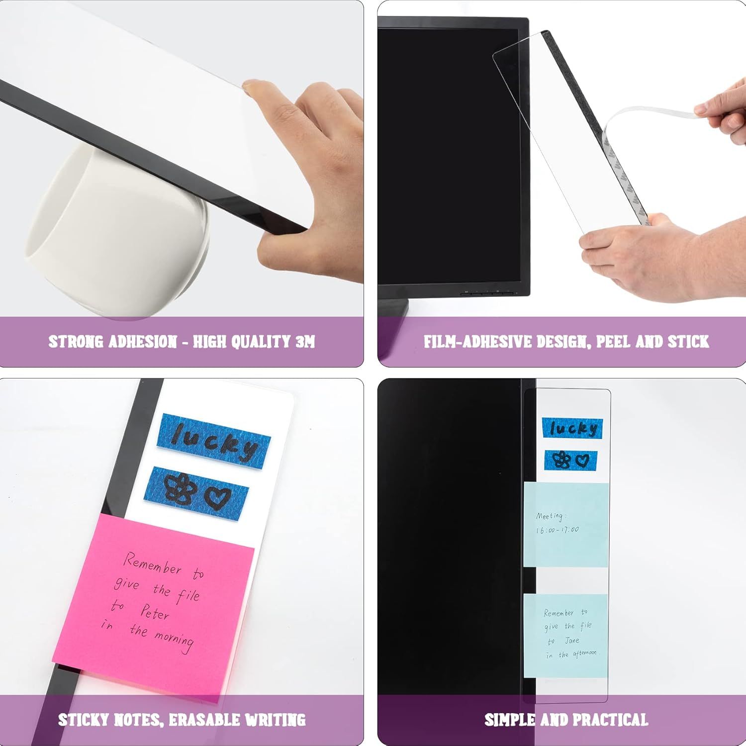Demonstrates multiple distinct benefits of the screen protector or monitor accessory: strong 3M adhesive quality, peel-and-stick application, compatibility…