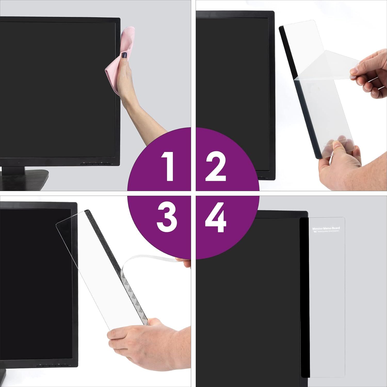 Demonstrates the step-by-step process of applying a screen protector to a monitor, reassuring shoppers that installation is straightforward and manageable.