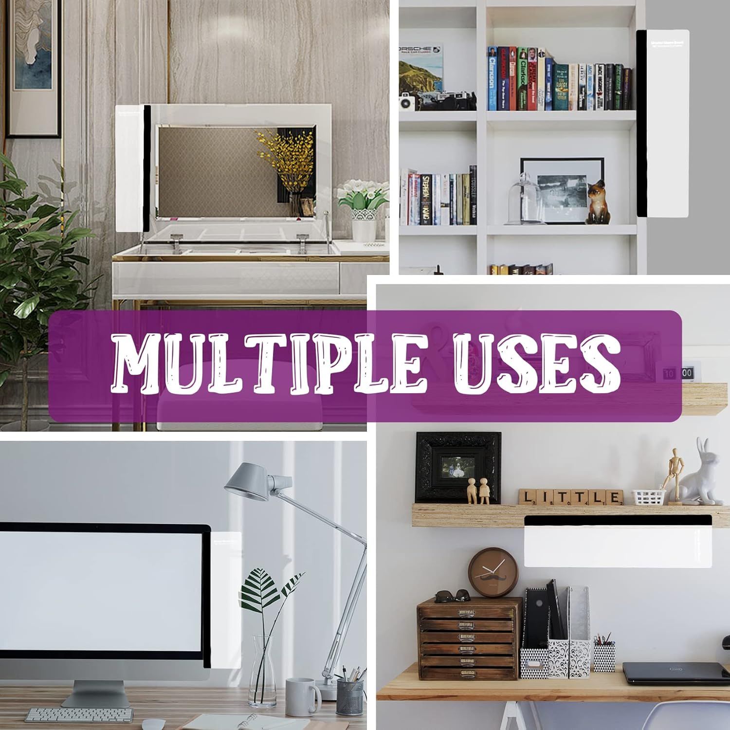 Demonstrates the product's versatility by showing it used in multiple room settings and configurations (TV stand, bookshelf, office desk setup) to reassure…