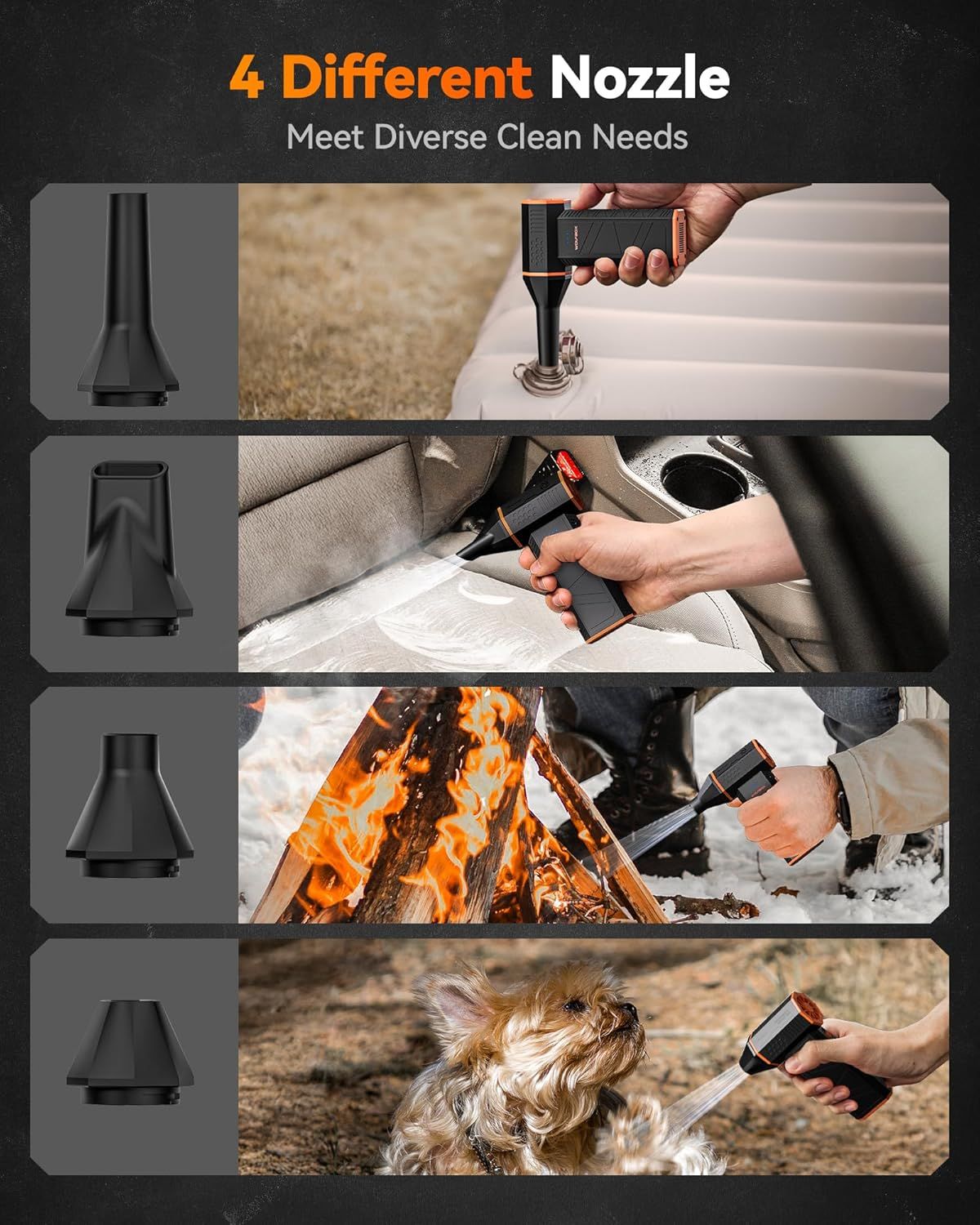 Demonstrates the product's versatility by showing four different nozzle attachments used in various cleaning scenarios (inflatable mattress, car interior,…