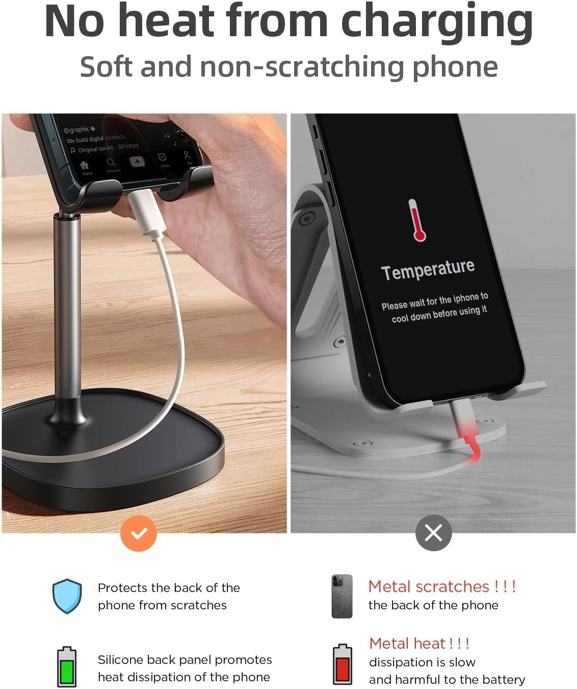 This image demonstrates why this phone stand is superior to metal alternatives by showing it prevents overheating during charging and protects the phone from scratches, addressing common pain points…