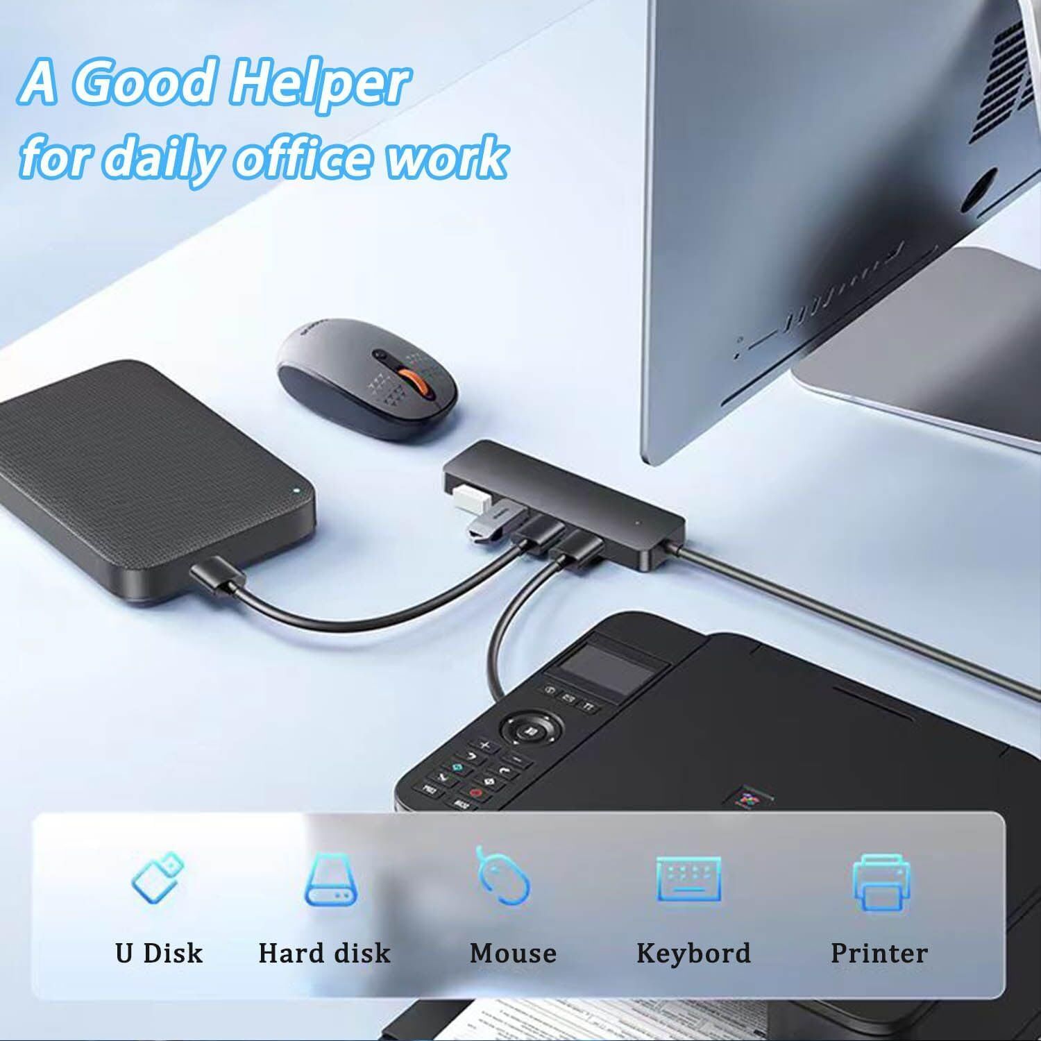 Demonstrates the USB hub's versatility by showing it can connect multiple office peripherals (U Disk, Hard disk, Mouse, Keyboard, Printer) simultaneously,…