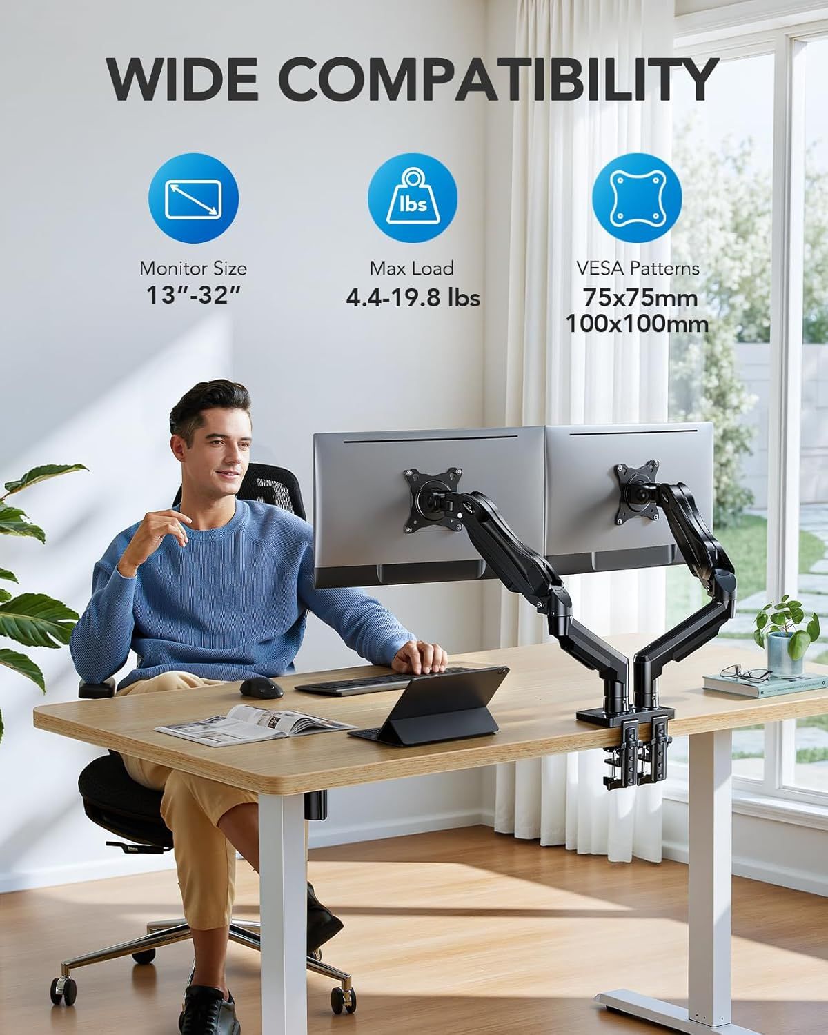 Communicates the product's compatibility specifications to reassure shoppers that the monitor mount will work with their specific monitor size, weight, and…