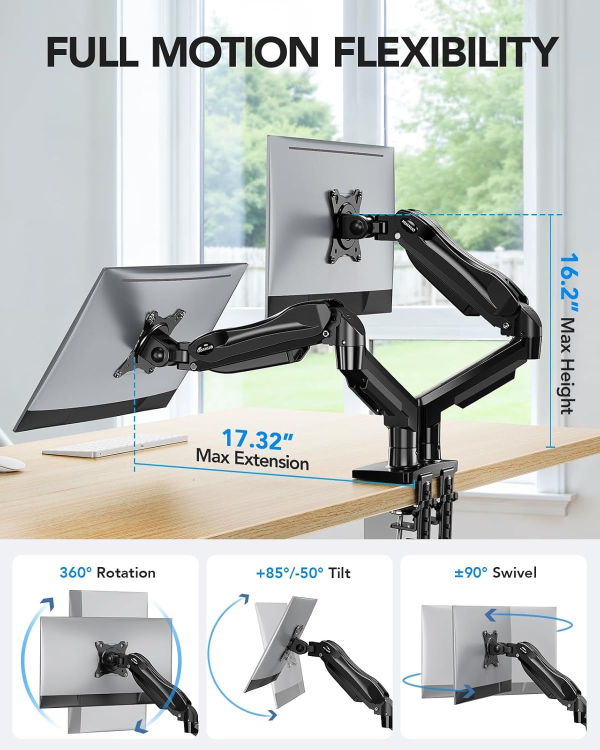 Demonstrates the comprehensive adjustability and flexibility of the dual monitor mount system, showing multiple movement capabilities and dimensional…