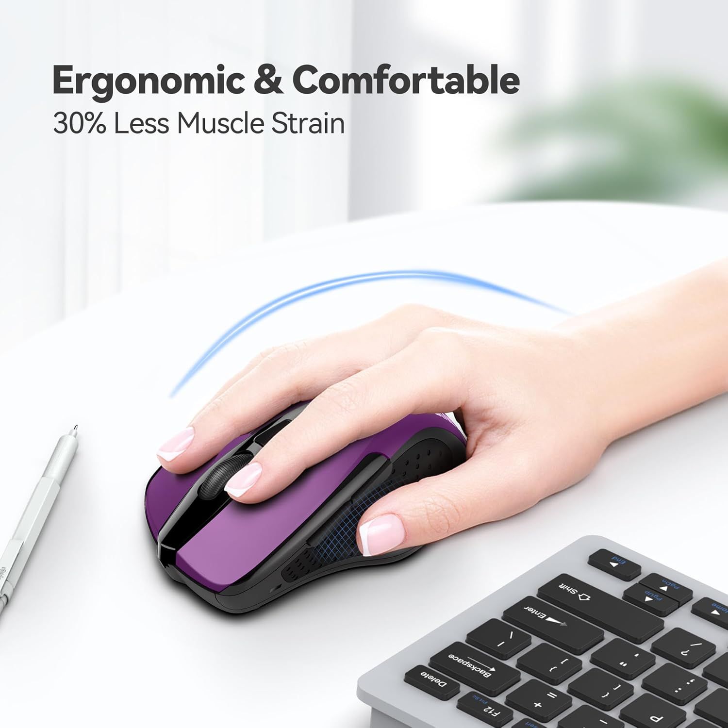 Communicates a quantifiable ergonomic benefit to reassure shoppers that this mouse reduces physical strain during use. Highlights the ergonomic and comfortable design of the mouse to appeal to…