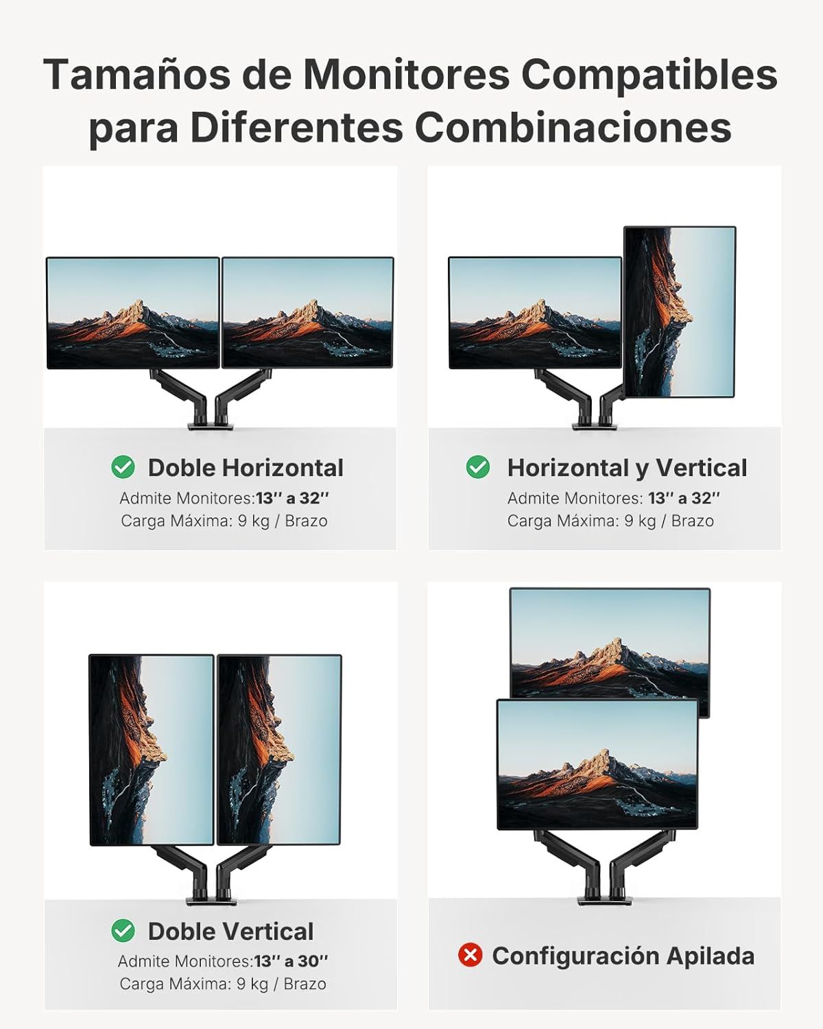 Demonstrates the different monitor configurations and orientations that the dual monitor arm supports, showing shoppers the versatility and compatibility of the product with various monitor sizes…