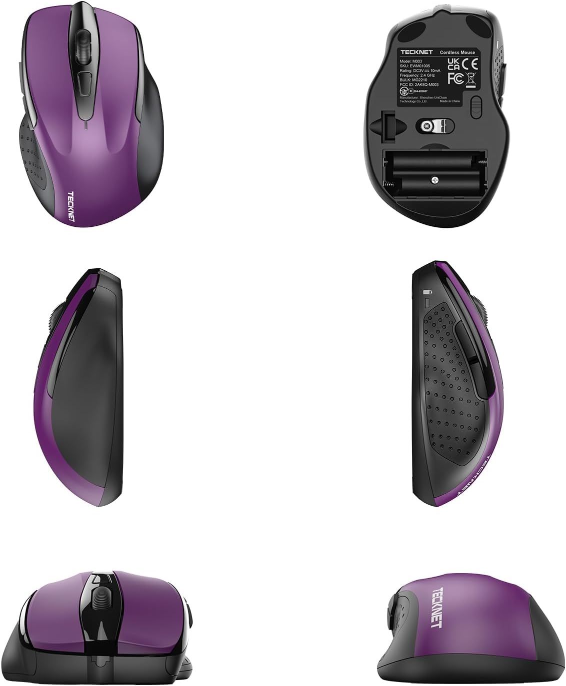 Displays the wireless mouse from all angles (top, bottom, sides, front, back) to give shoppers a complete visual understanding of the product's design, color, and physical features.