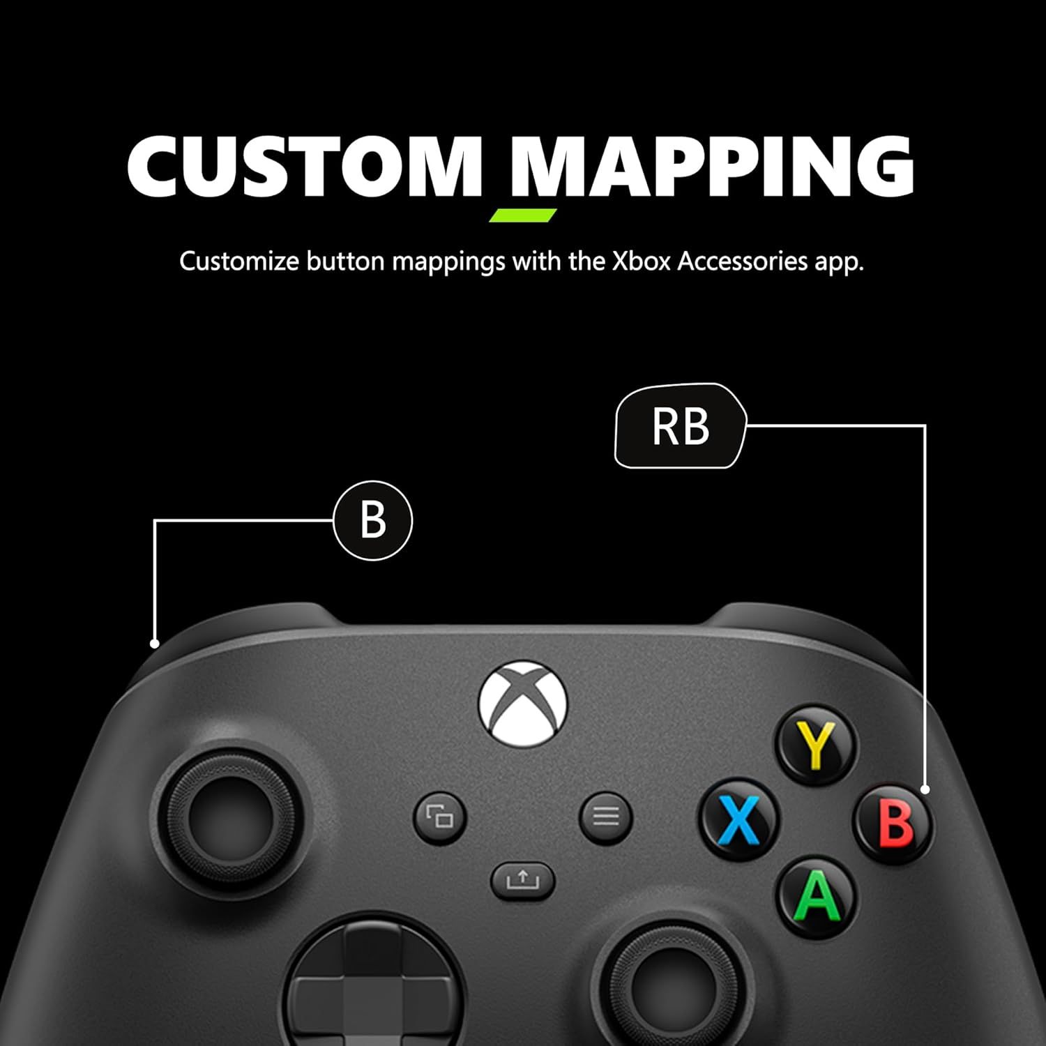 Communicates that users can customize button mappings on the Xbox controller using the Xbox Accessories app, highlighting personalization and control flexibility.