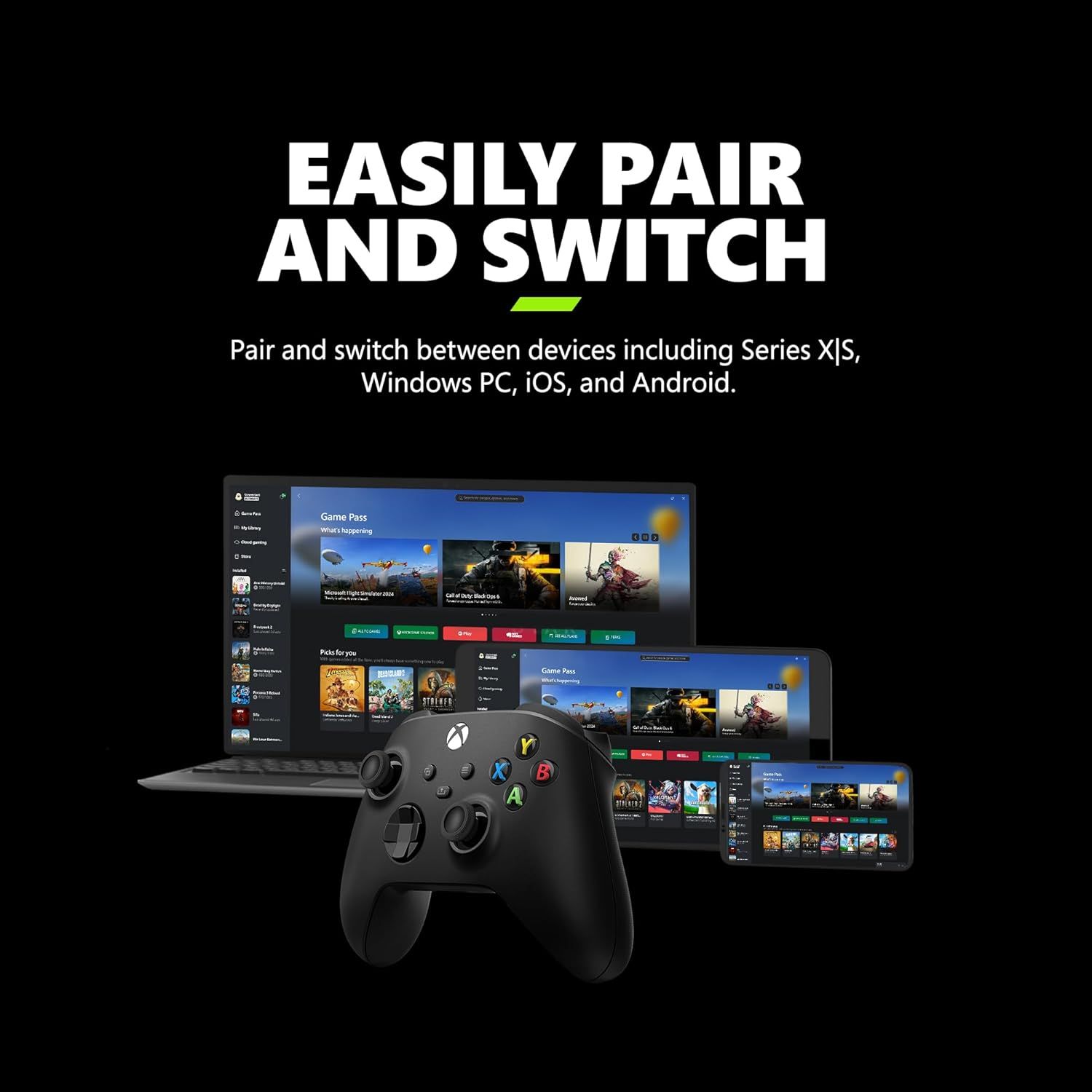 Demonstrates that the product can easily pair and switch between multiple devices including Xbox Series X|S, Windows PC, iOS, and Android, reassuring shoppers of its versatile compatibility and…