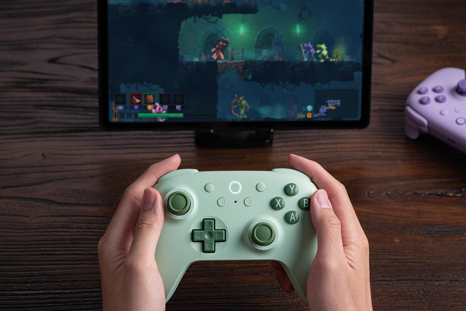 Demonstrates the product being used in a real-world gaming environment to help shoppers visualize themselves using the controller during gameplay.