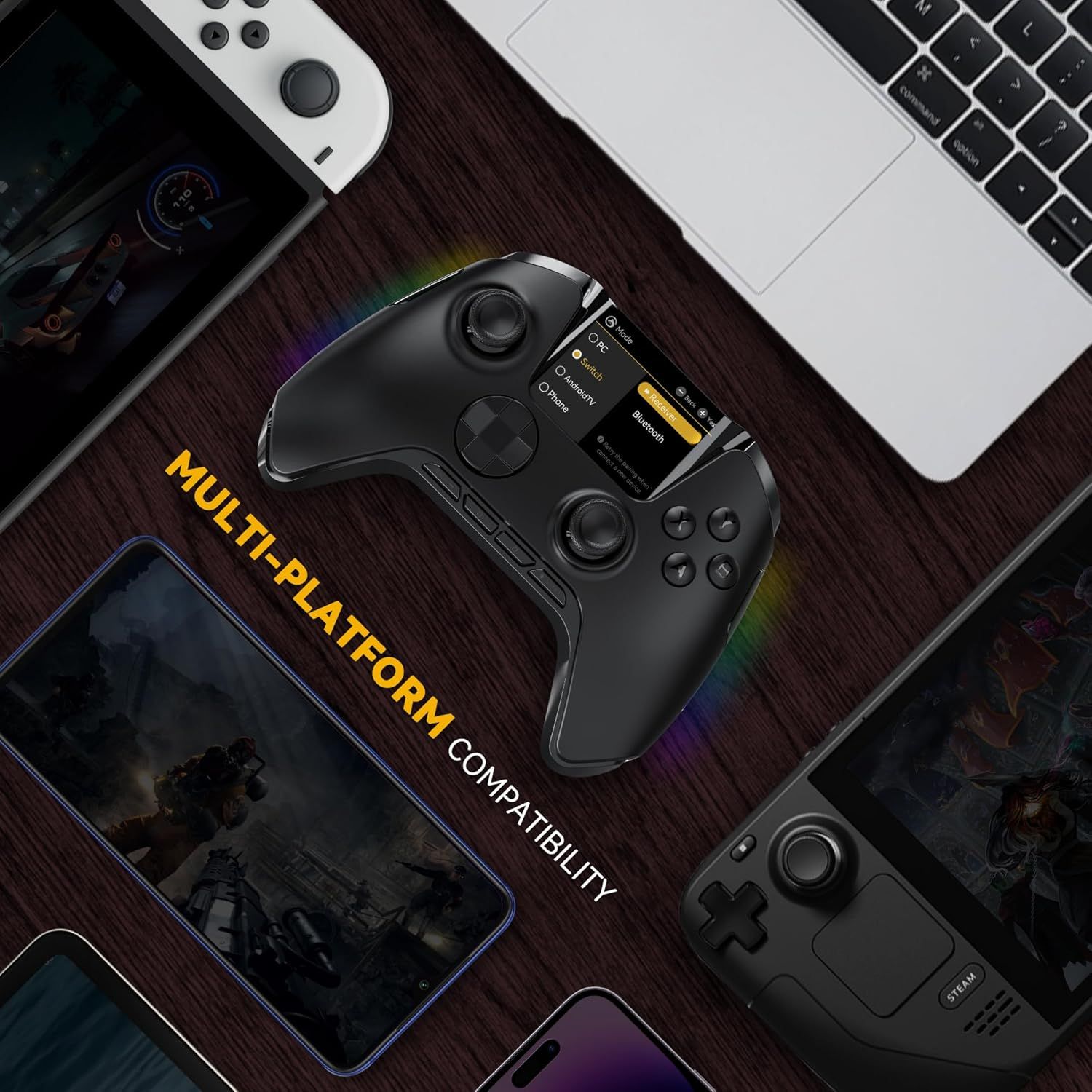 Demonstrates that the gaming controller works across multiple devices and platforms including PC, tablets, smartphones, and handheld gaming devices, reassuring shoppers of its versatility.