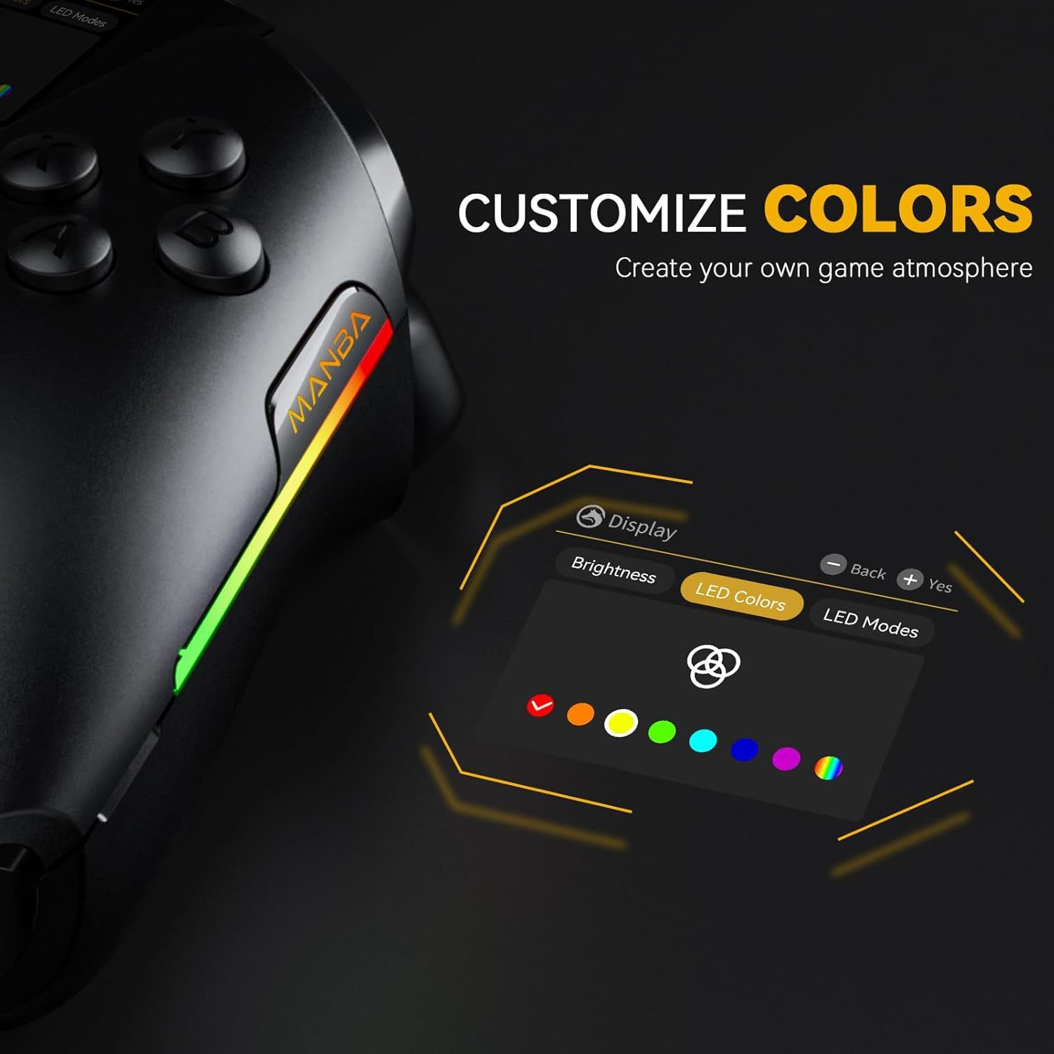 Highlights the product's customizable RGB LED lighting feature, allowing gamers to personalize their gaming controller's color scheme and create their desired gaming atmosphere.